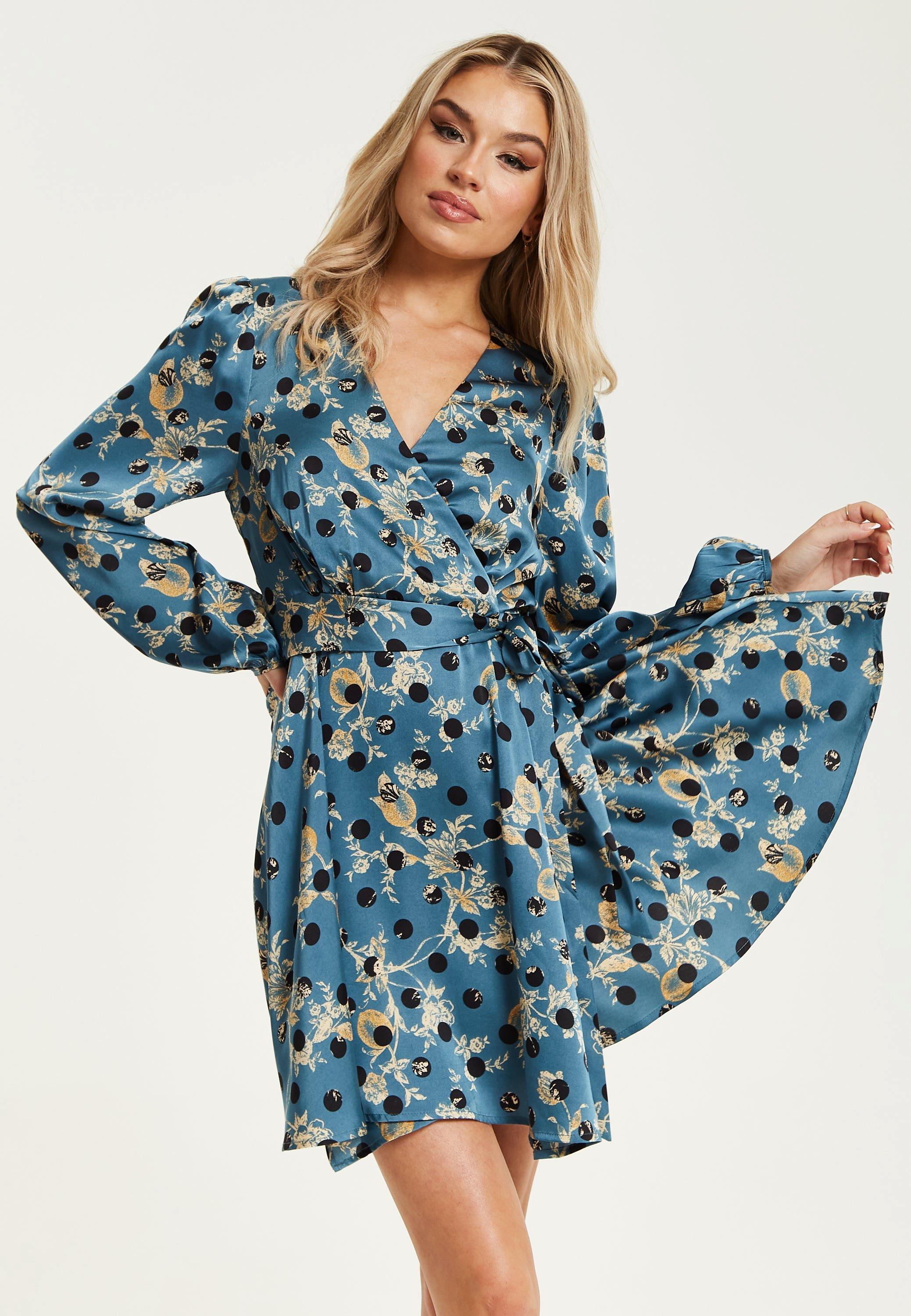 Gold Floral And Black Polka Dot Print Mini Wrap Dress With Long Sleeves In Petrol Blue