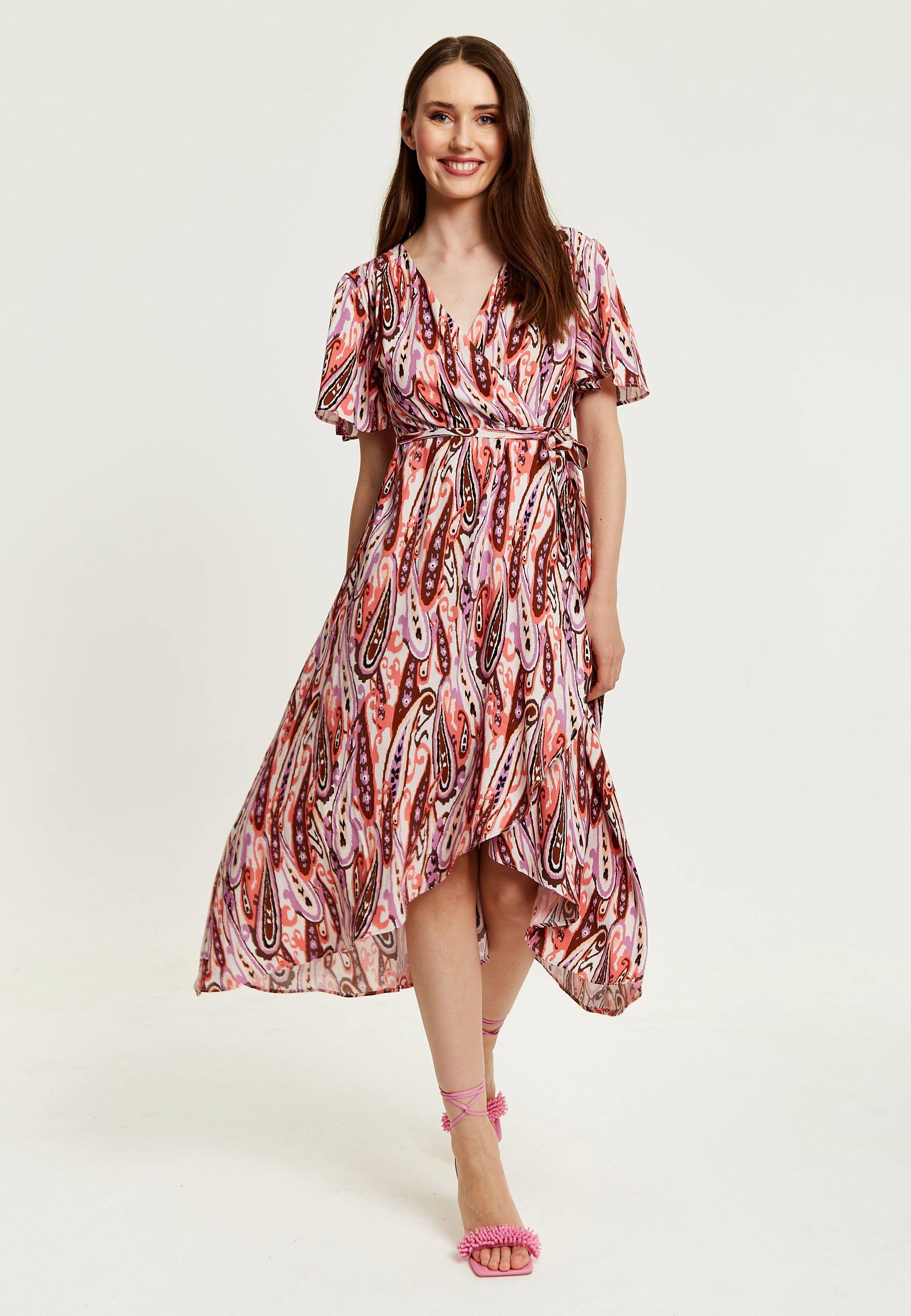 Paisley Print Midi Wrap Dress In Brown And Pink