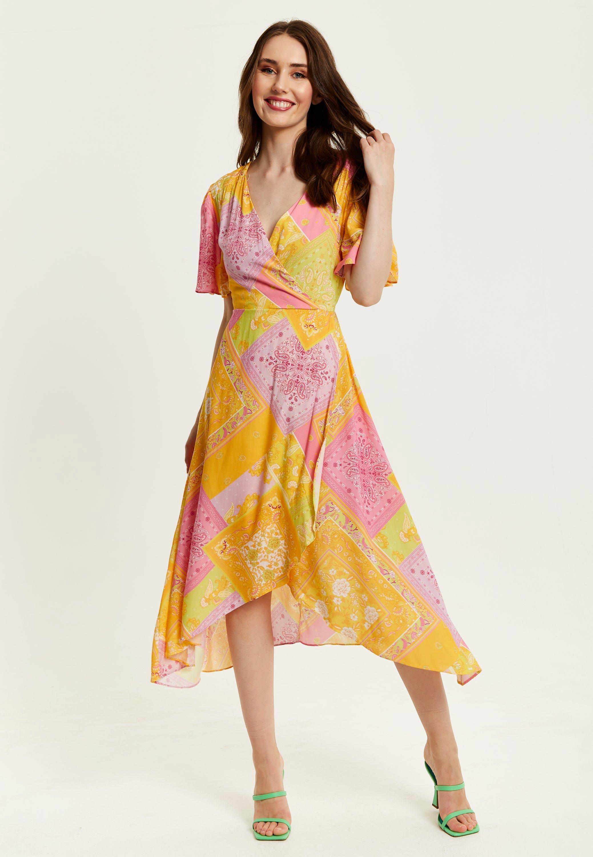 Paisley Print Midi Wrap Dress In Yellow And Pink