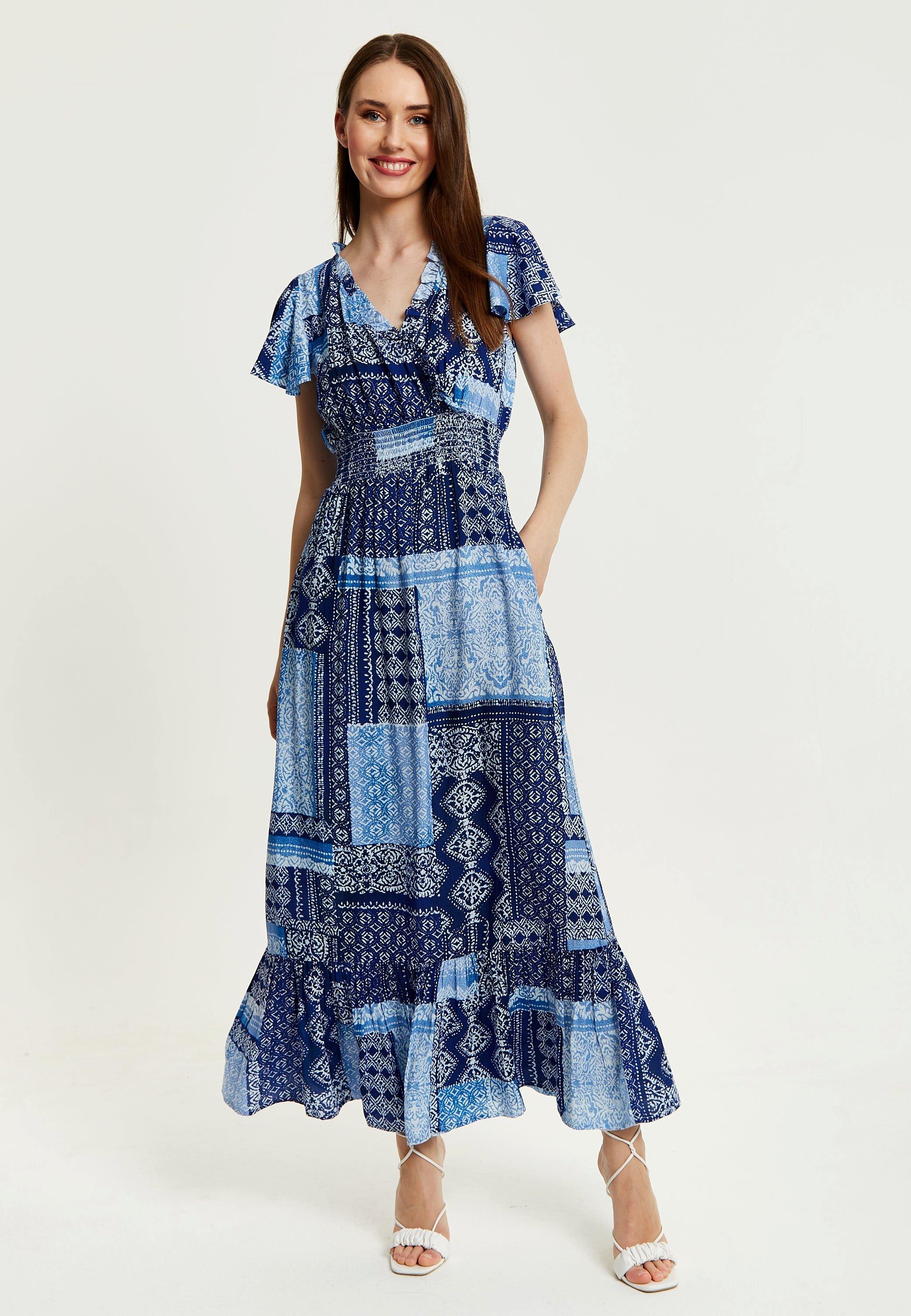 Blue Tile Print Maxi Dress With Short Sleeves