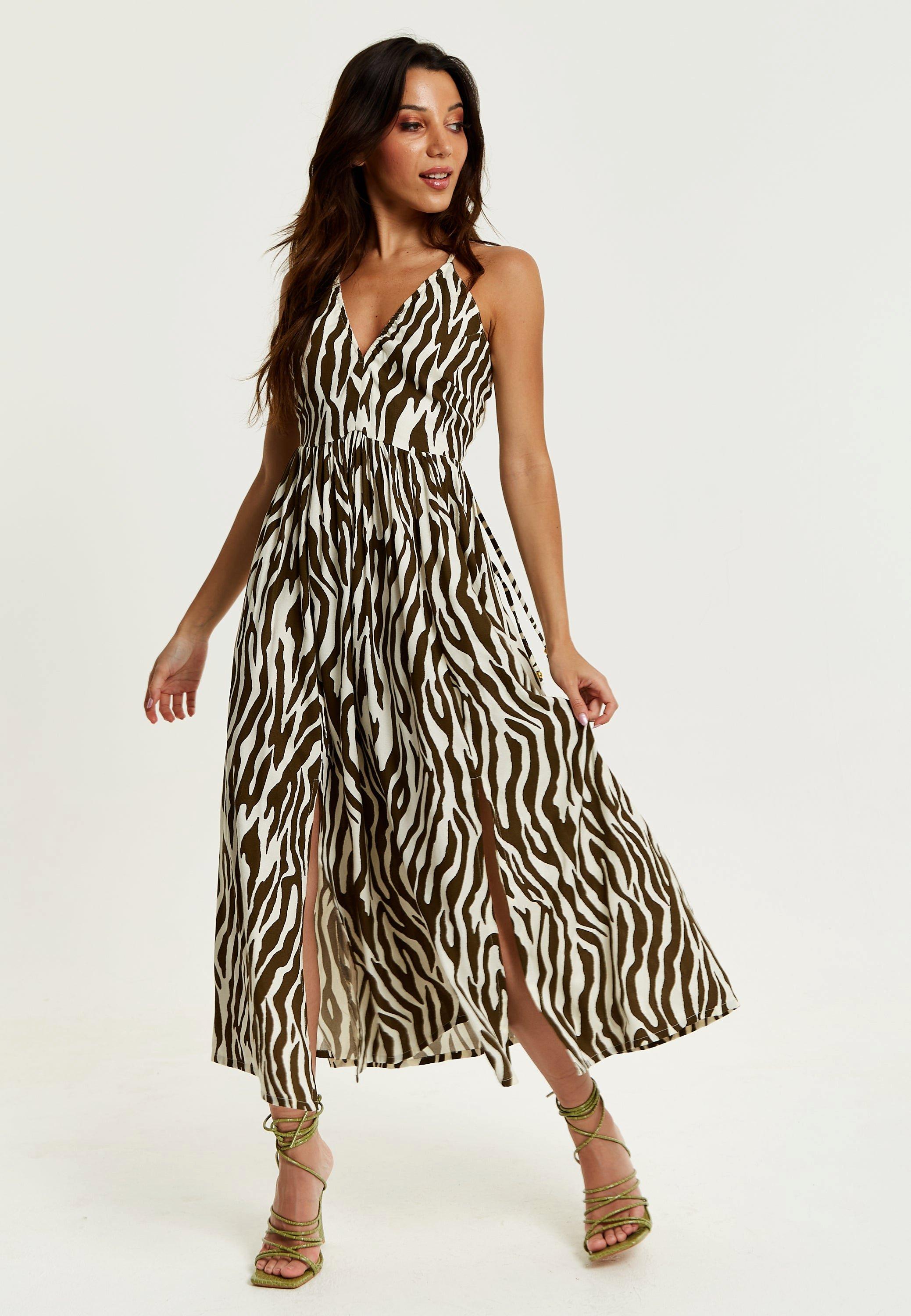 Brown Zebra Strappy Midi Dress With Open Back
