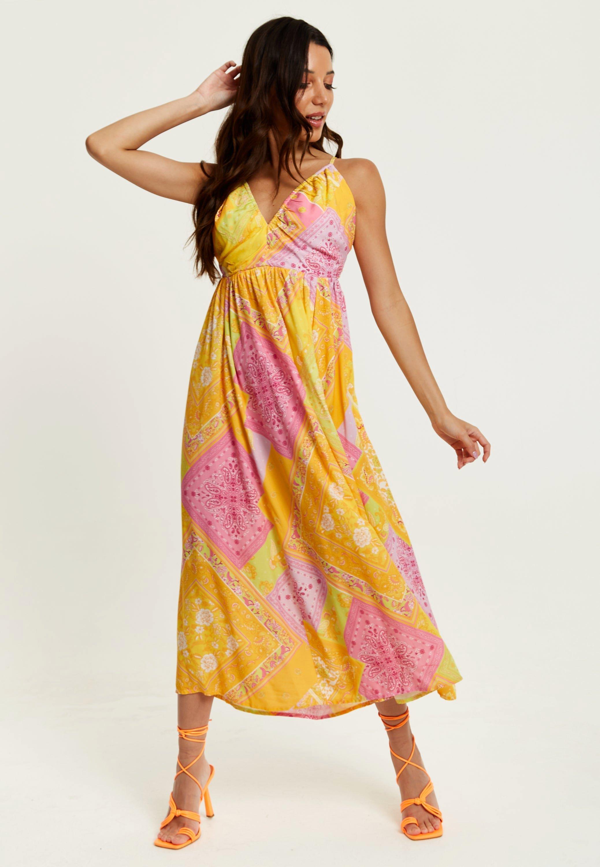 Paisley Print Strappy Midi Dress In Yellow and Pink