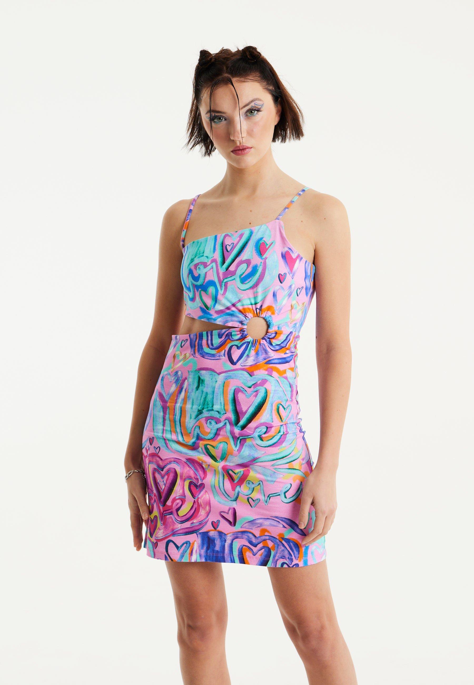 Heart Printed Jersey Mini Dress With Cut Out Details In Pink
