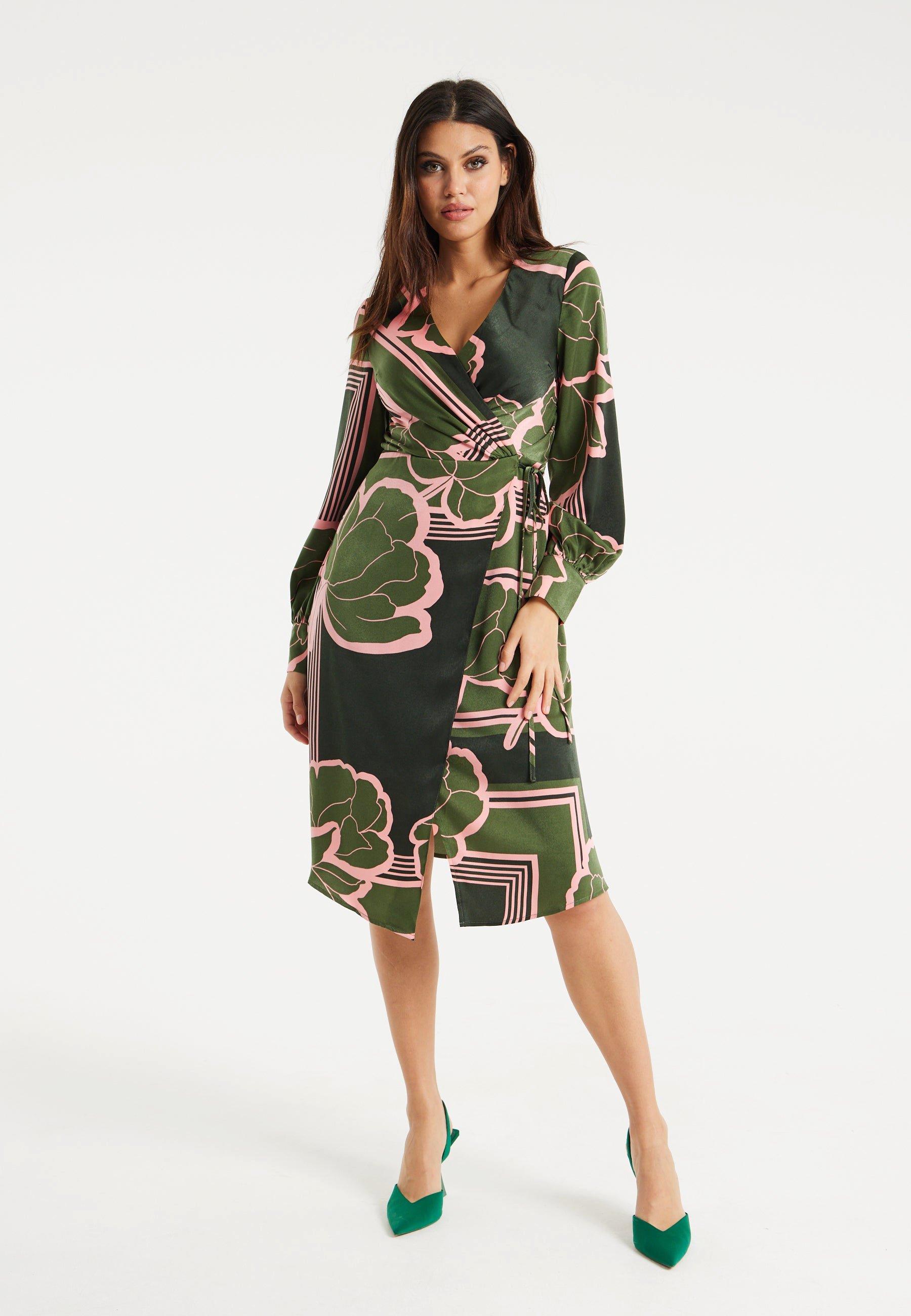 Geometric Floral Print Midi Wrap Dress In Dark Green