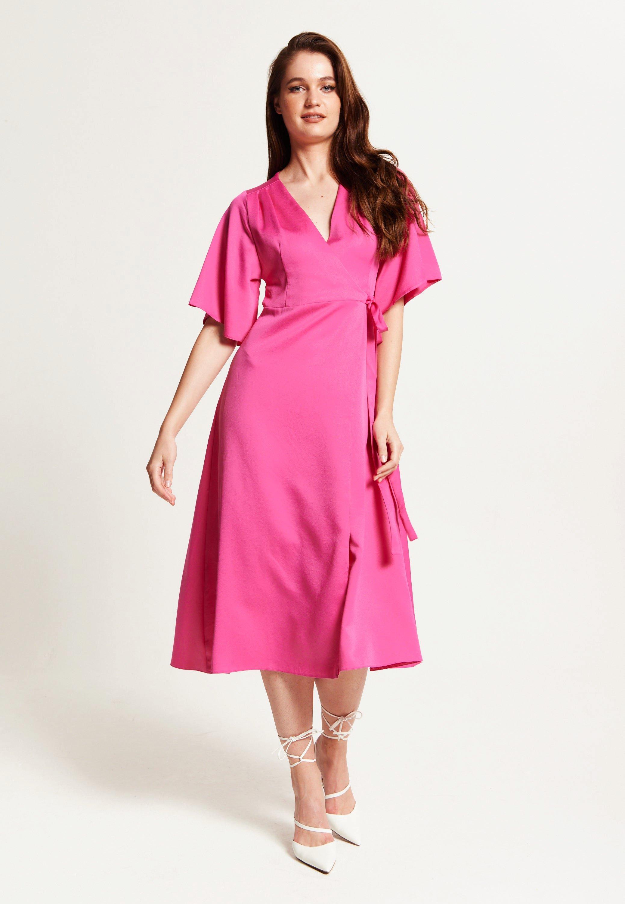 Pink Midi Wrap Dress With Kimono Sleeves