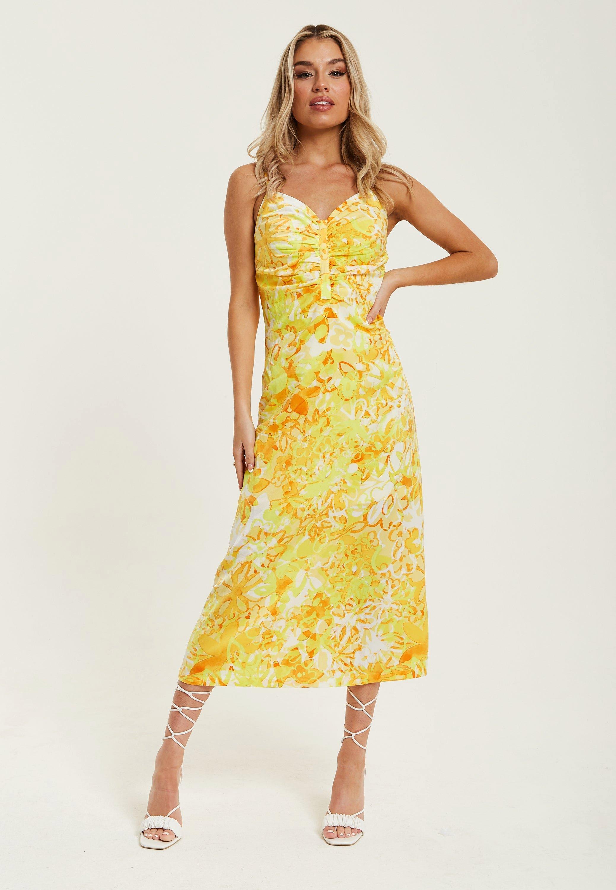 Yellow And Orange Floral Print Ruched Maxi Dress