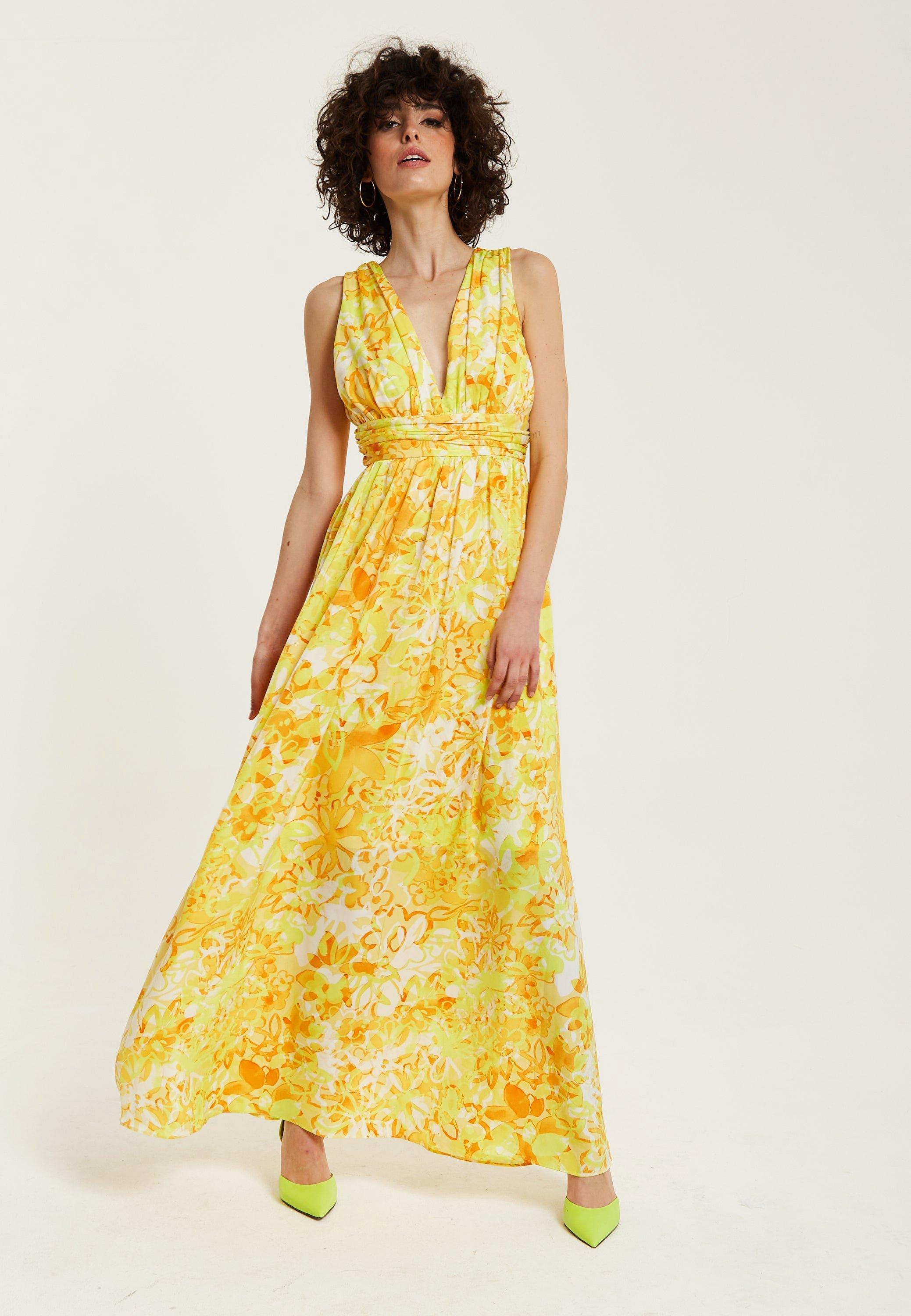 Yellow And Orange Floral Print V-Neck Maxi Dress