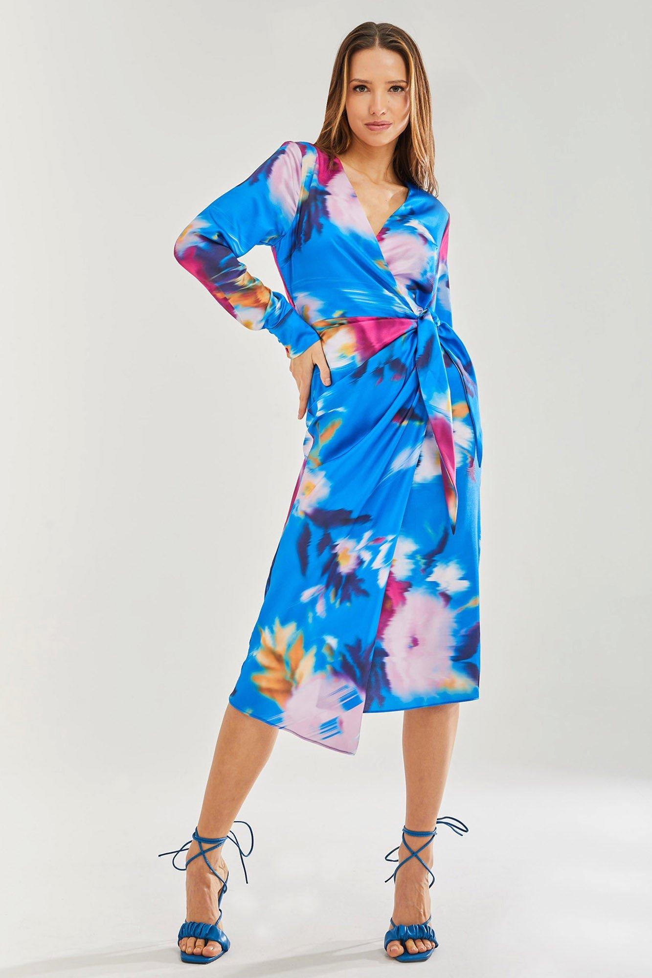 Blue Floral Satin Wrap Midi Dress