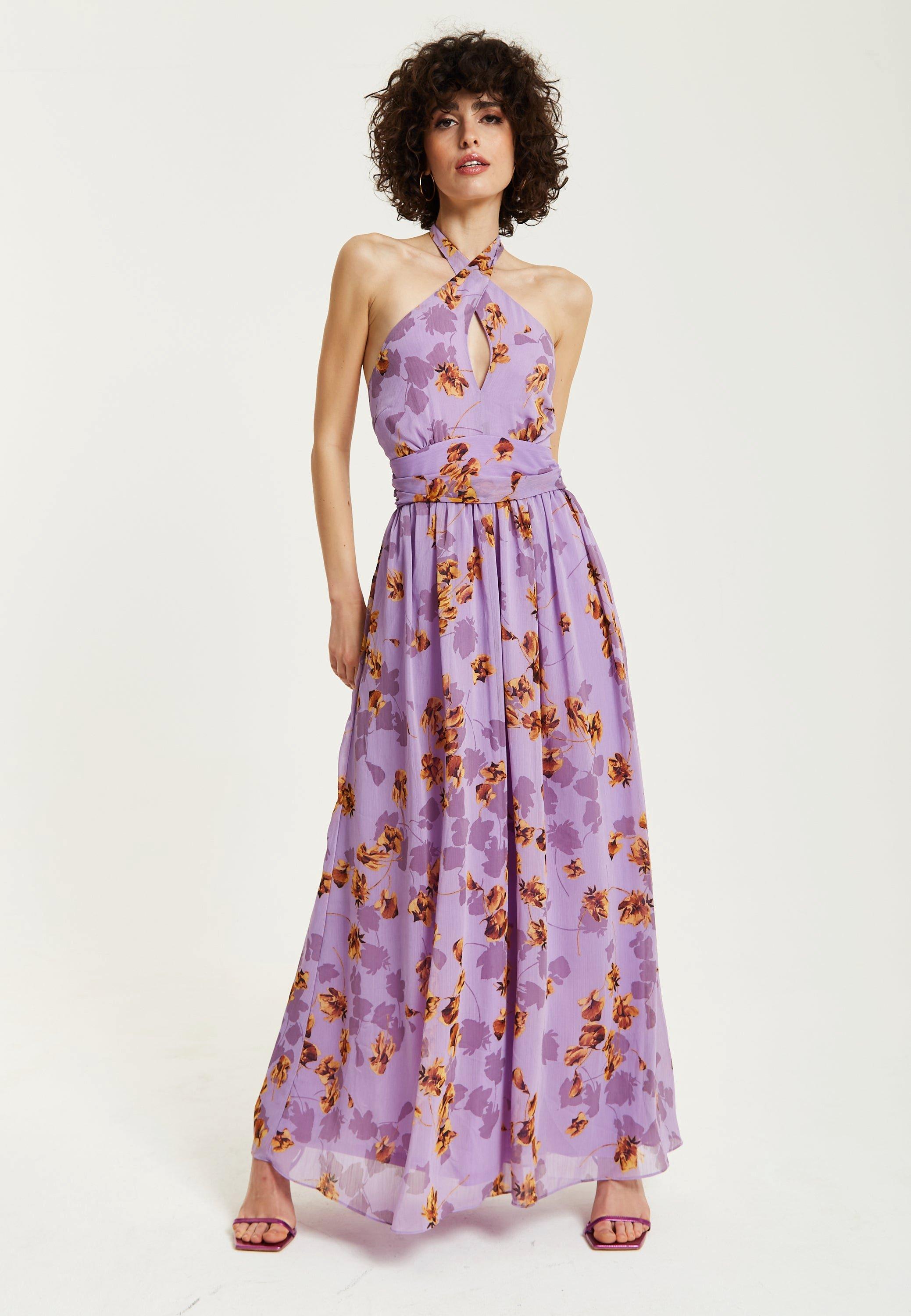 Purple Floral Halter Neck Dress
