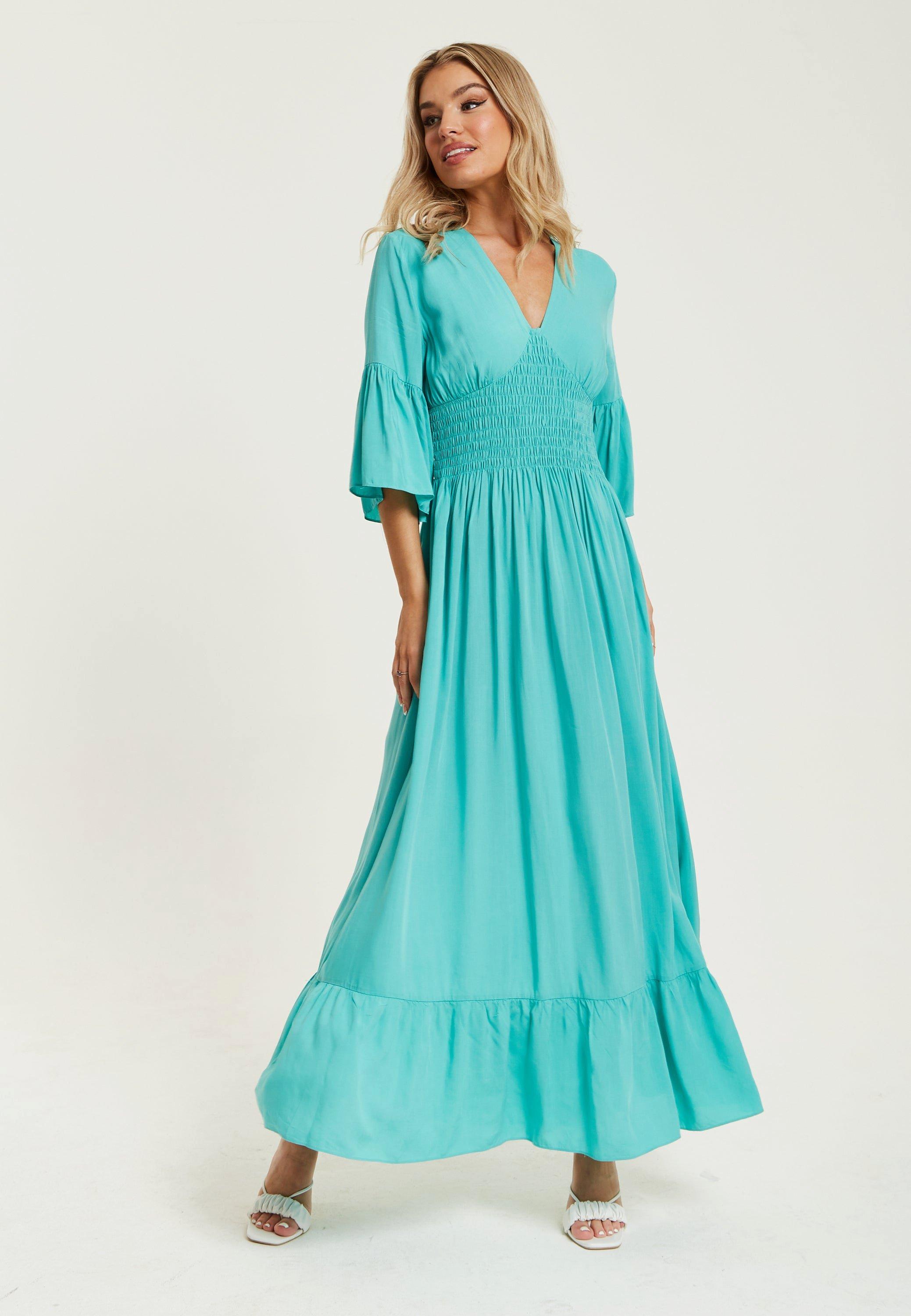 Green Maxi Dress With Frill Sleeves