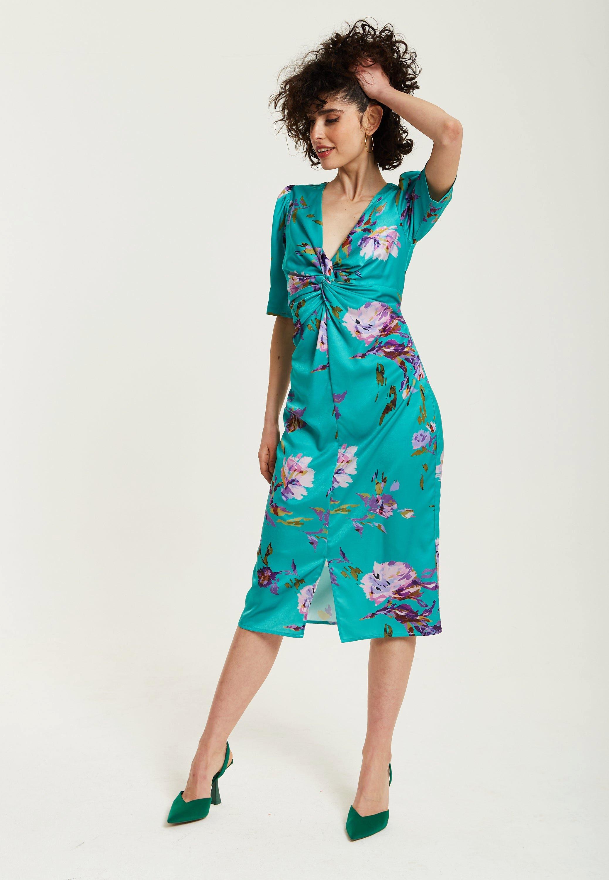 Green Floral Knot Front Midi Dress