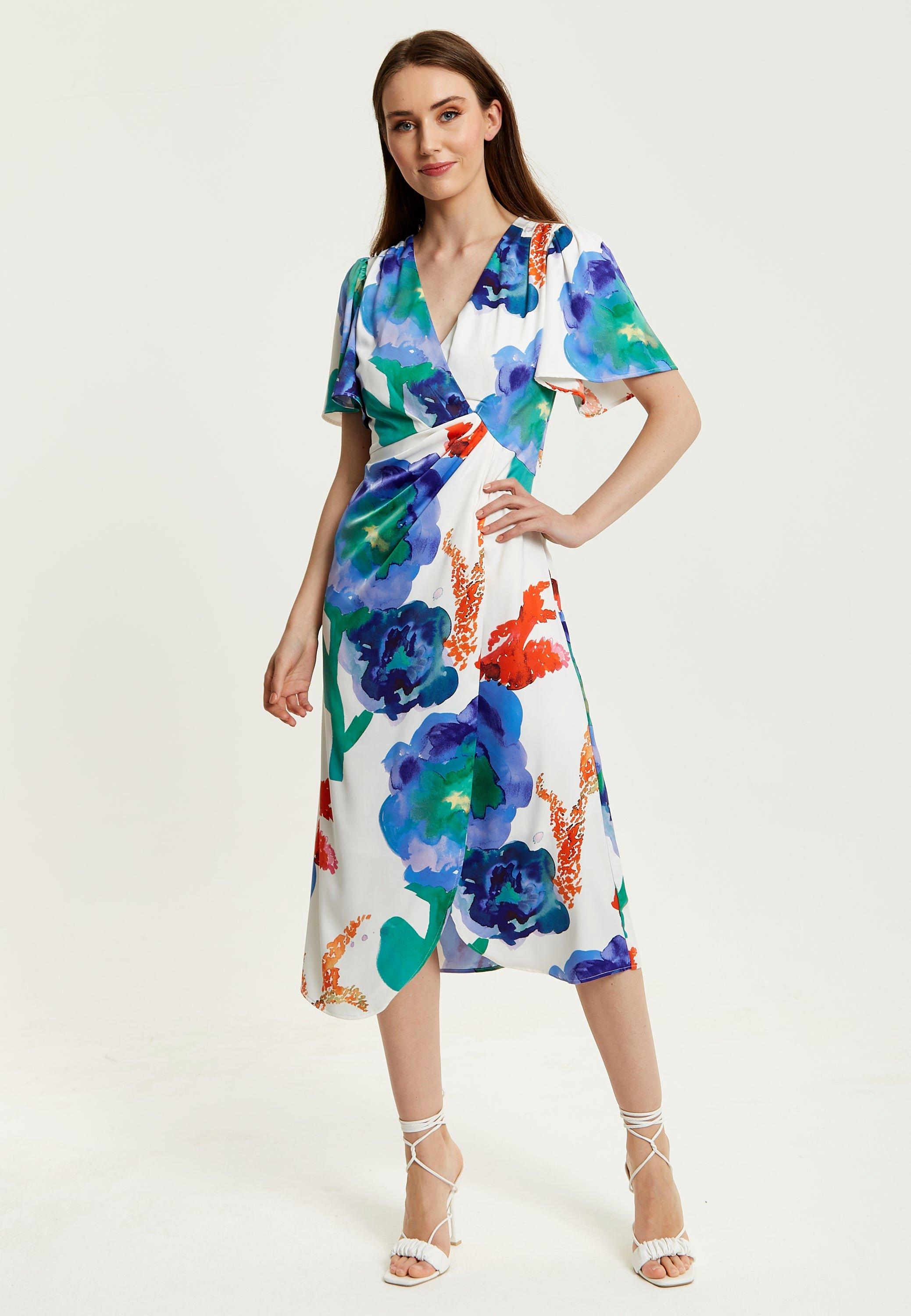 Dresses | Floral Print White Based Midi Wrap Dress | Liquorish