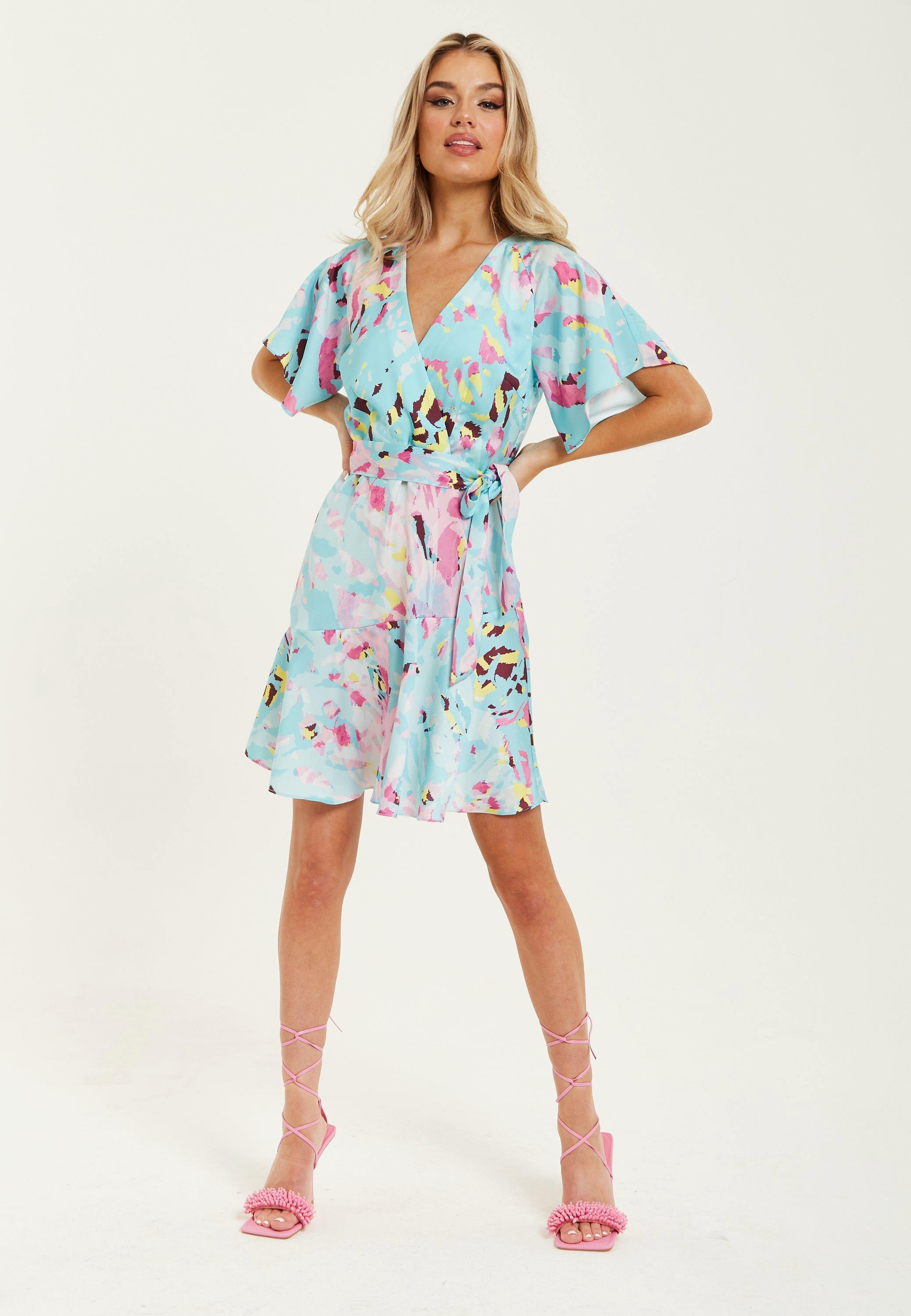 Blue Abstract Print Mini Wrap Dress With Short Sleeves