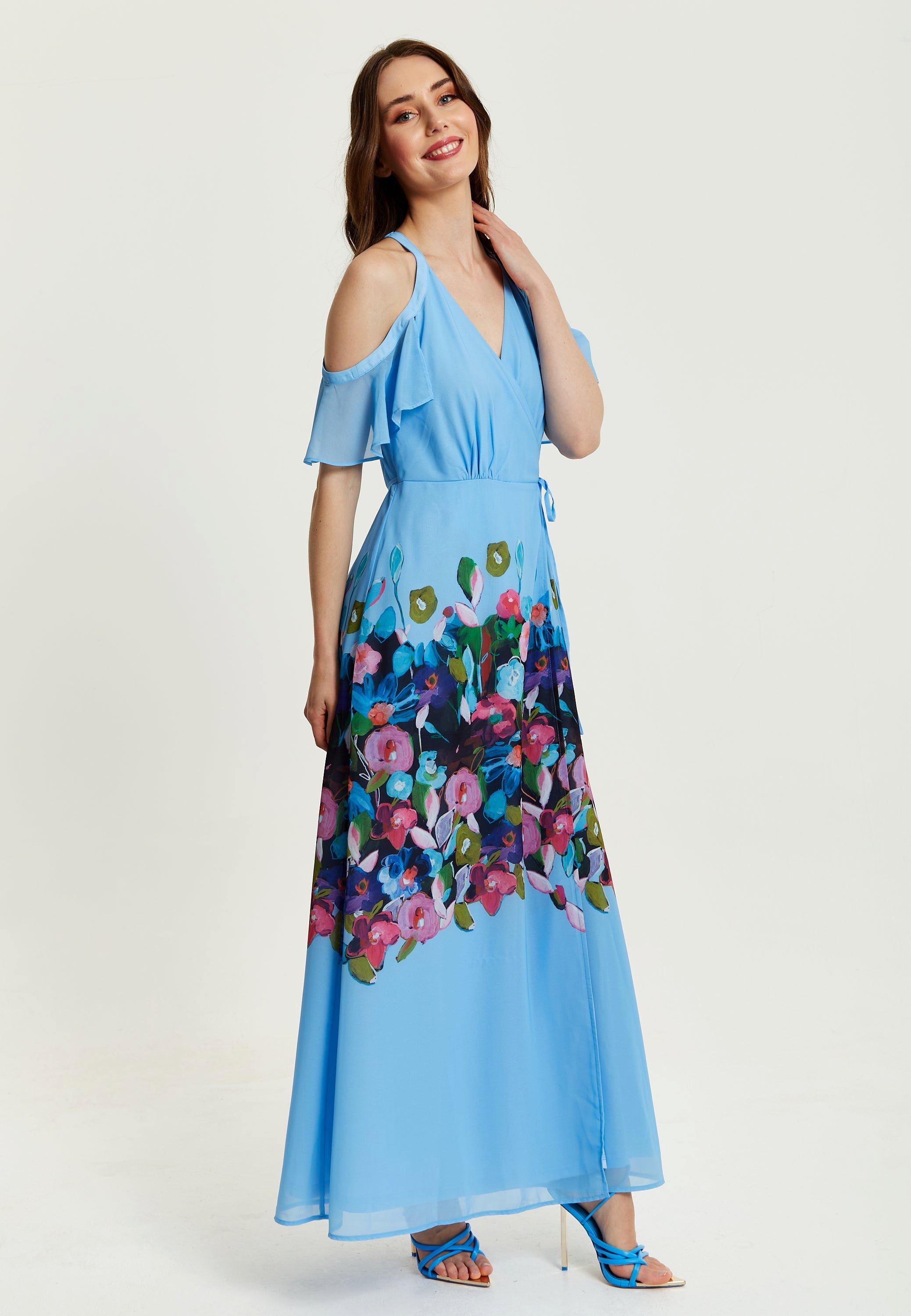 Floral Print Maxi Wrap Dress With Frill Details in Blue