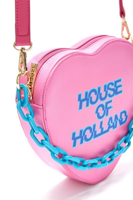 House of Holland Heart Shape Cross Body Bag In Pink With A Chain Detail And Printed Logo 3
