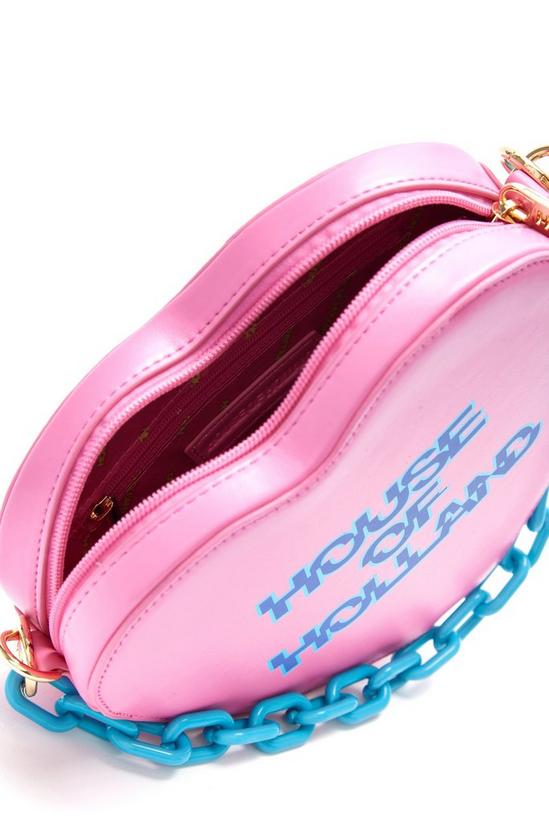 House of Holland Heart Shape Cross Body Bag In Pink With A Chain Detail And Printed Logo 4