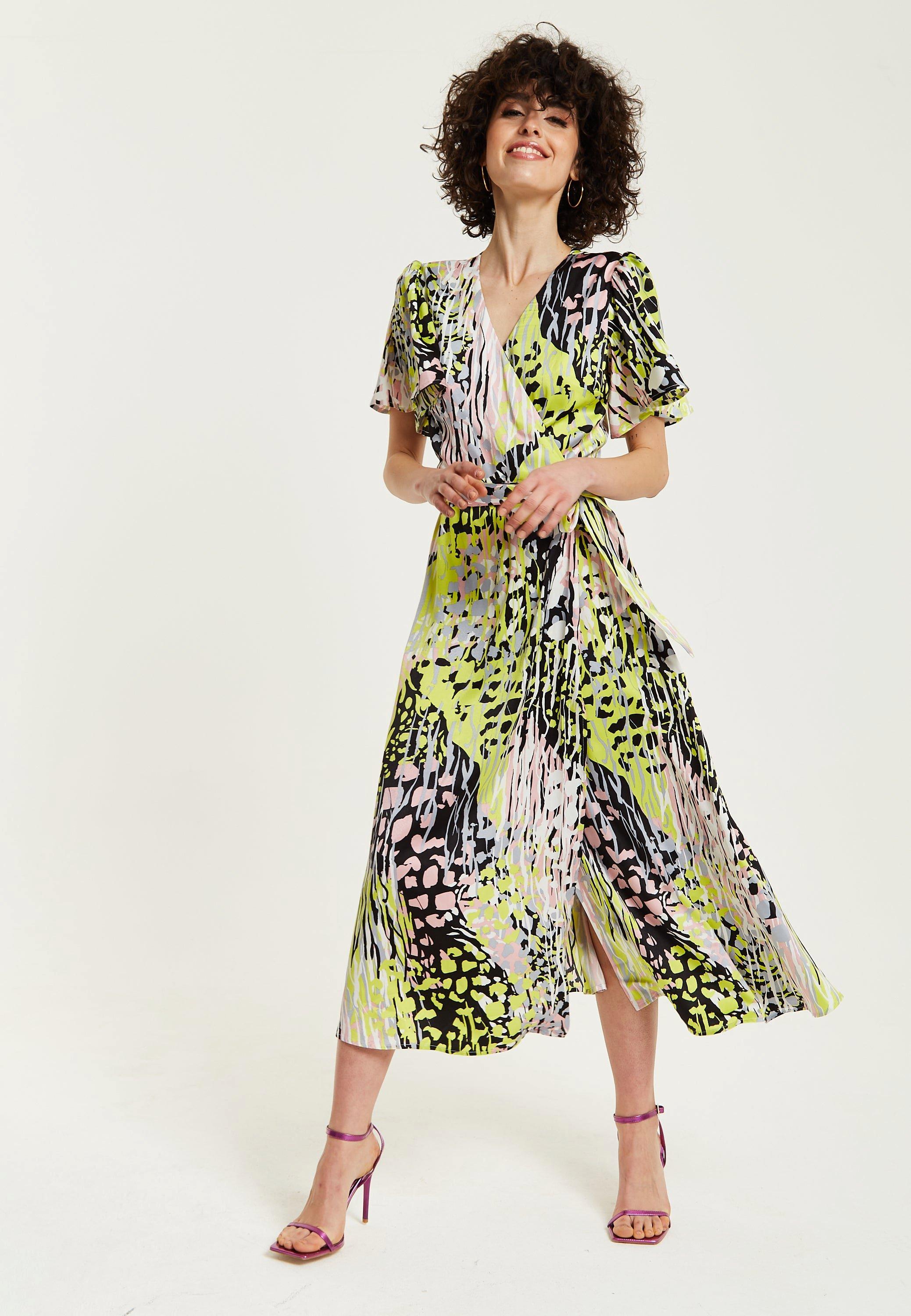 Multicolour Abstract Print Midi Wrap Dress