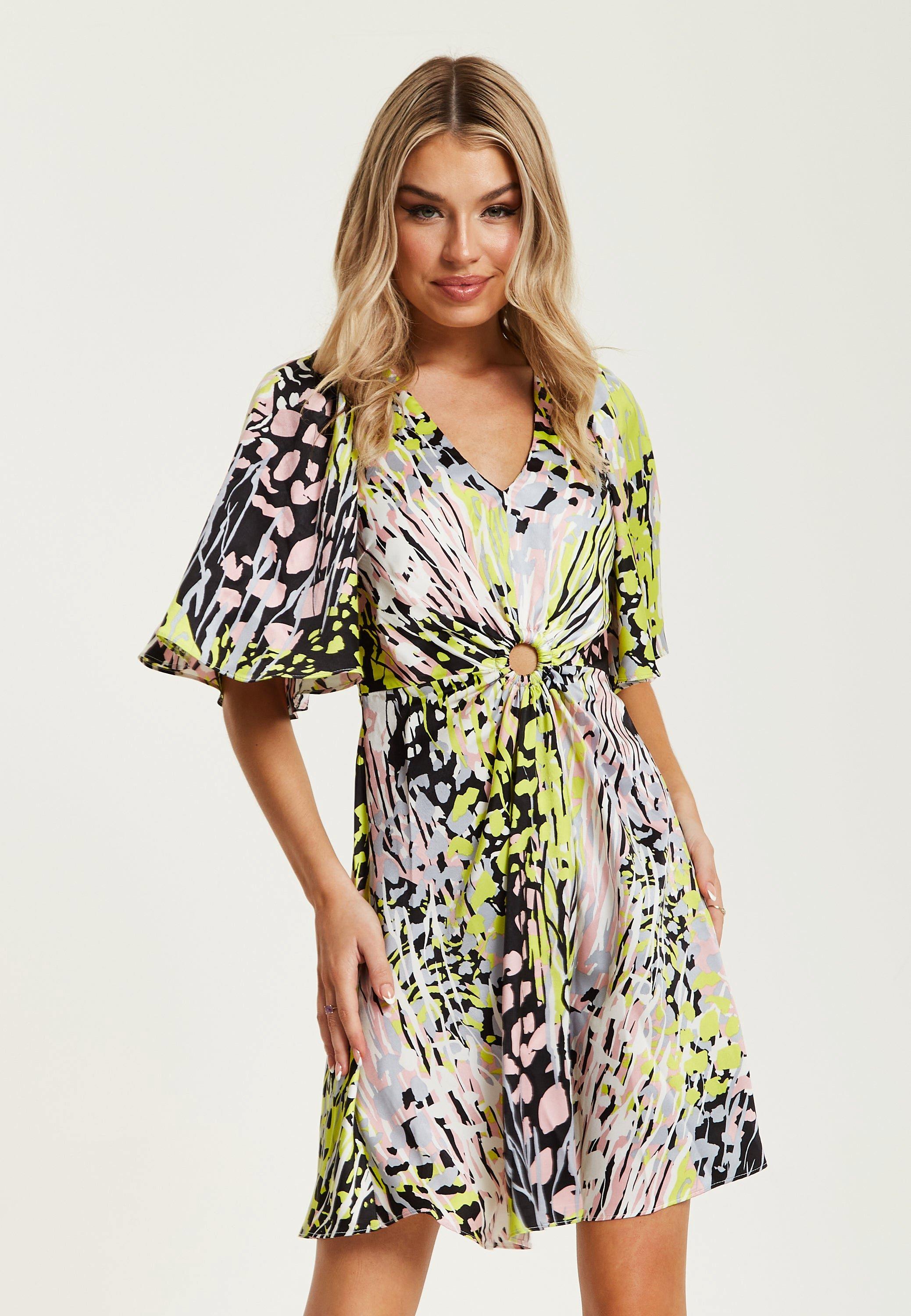 Multicolour Abstract Print Mini Dress With Cut Out Front
