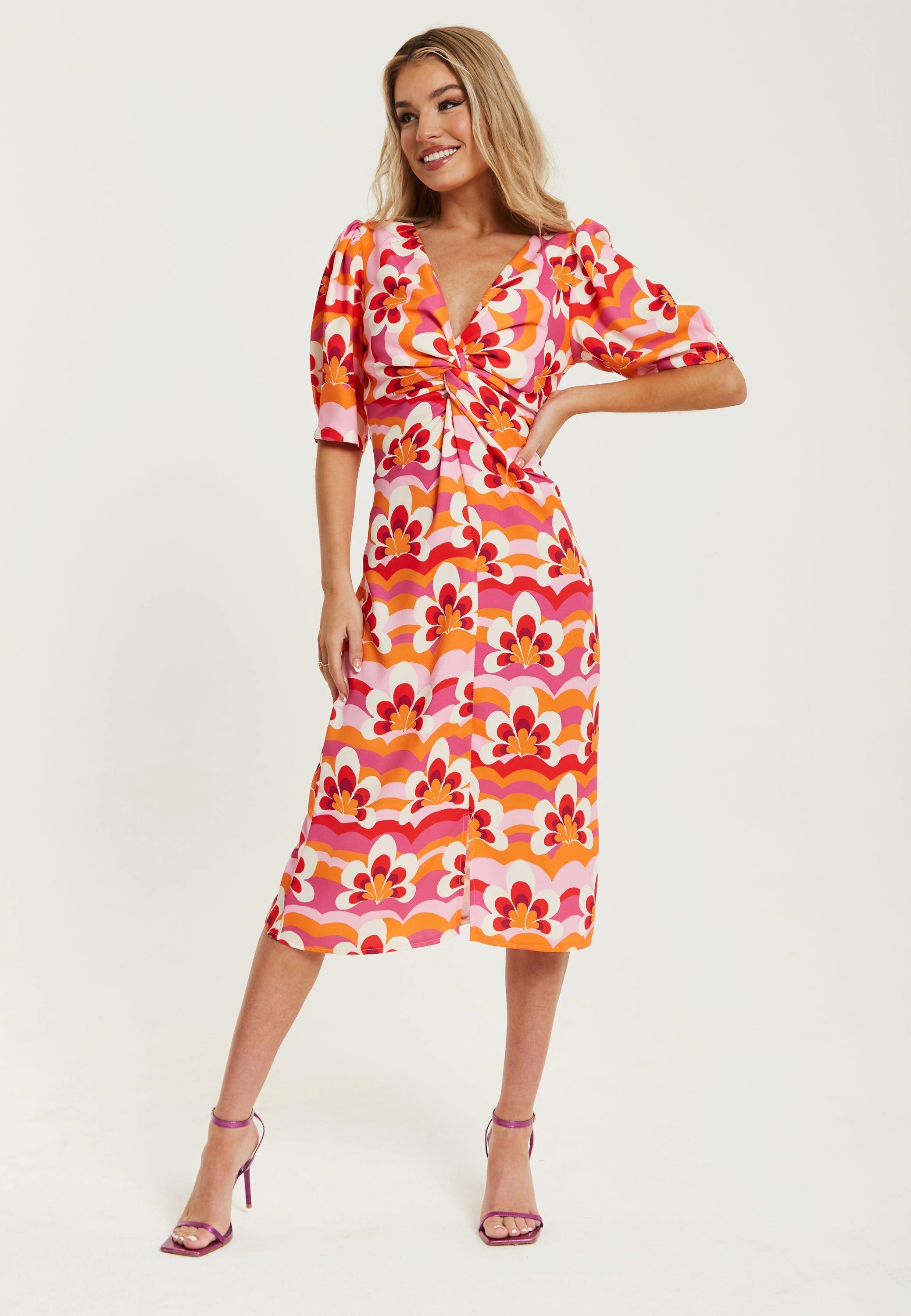Floral Knot Front Midi Dress in Orange and Pink