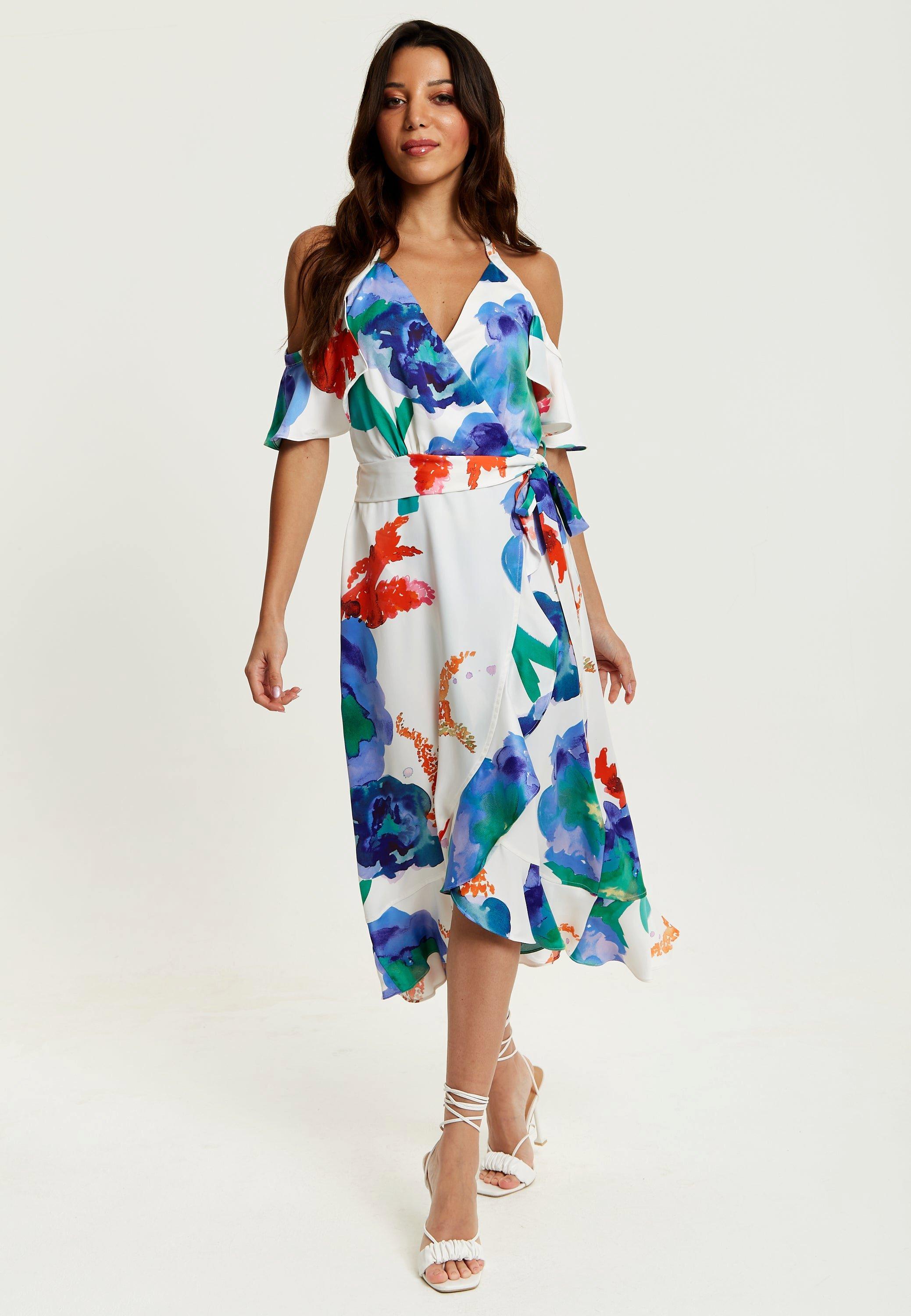 Floral Print White Based Midi Wrap Dress With Long Sleeves