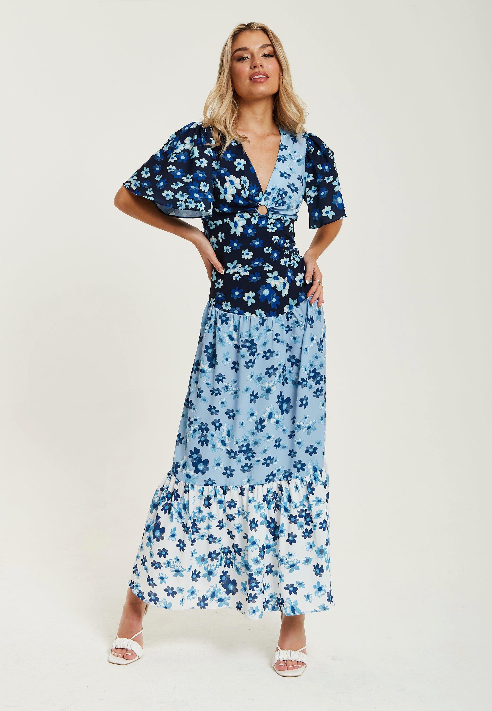 Floral Print Midi Dress in Blue, Navy and White