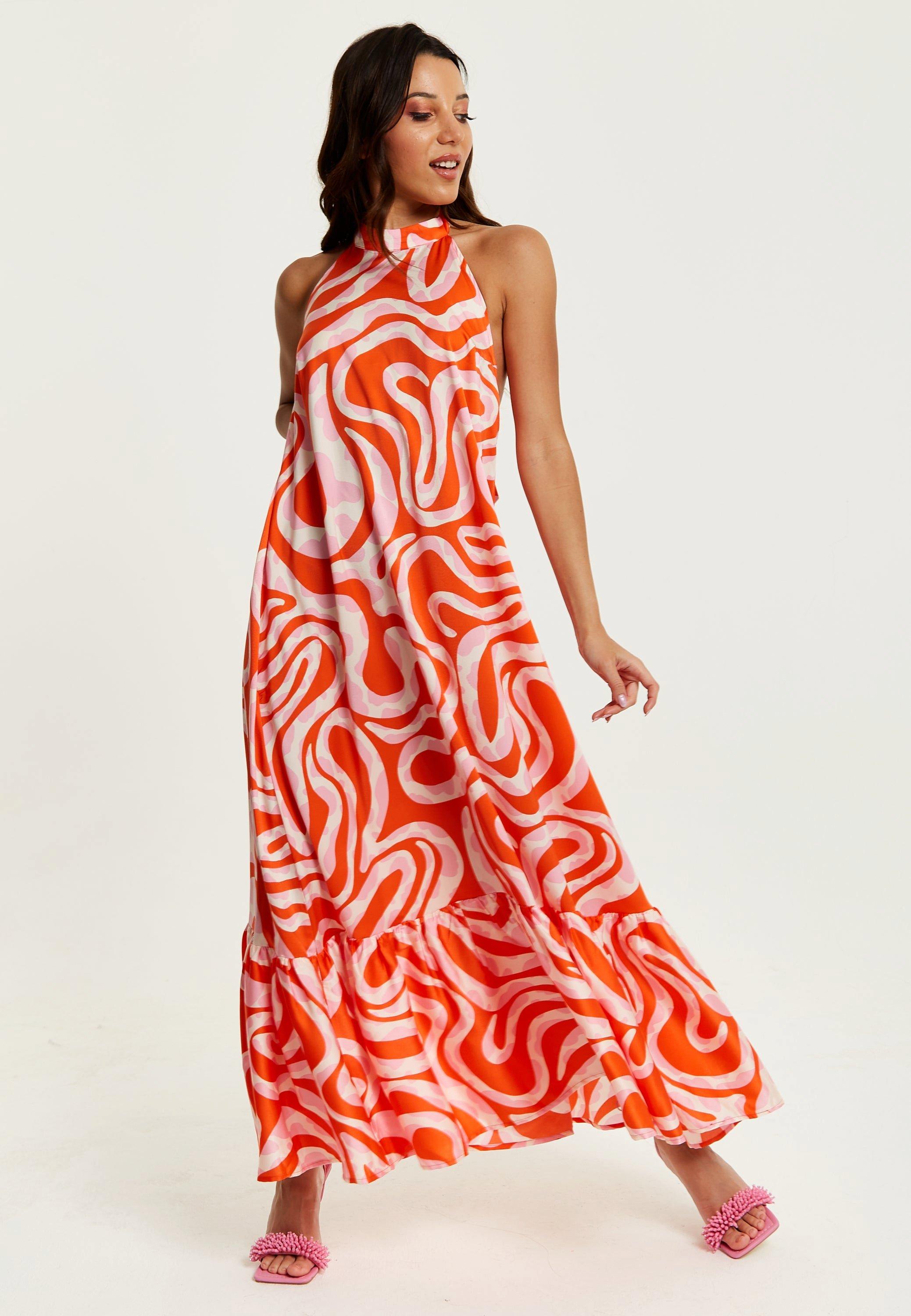 Pink And Red Abstract Print Halter Neck Maxi Smock Dress