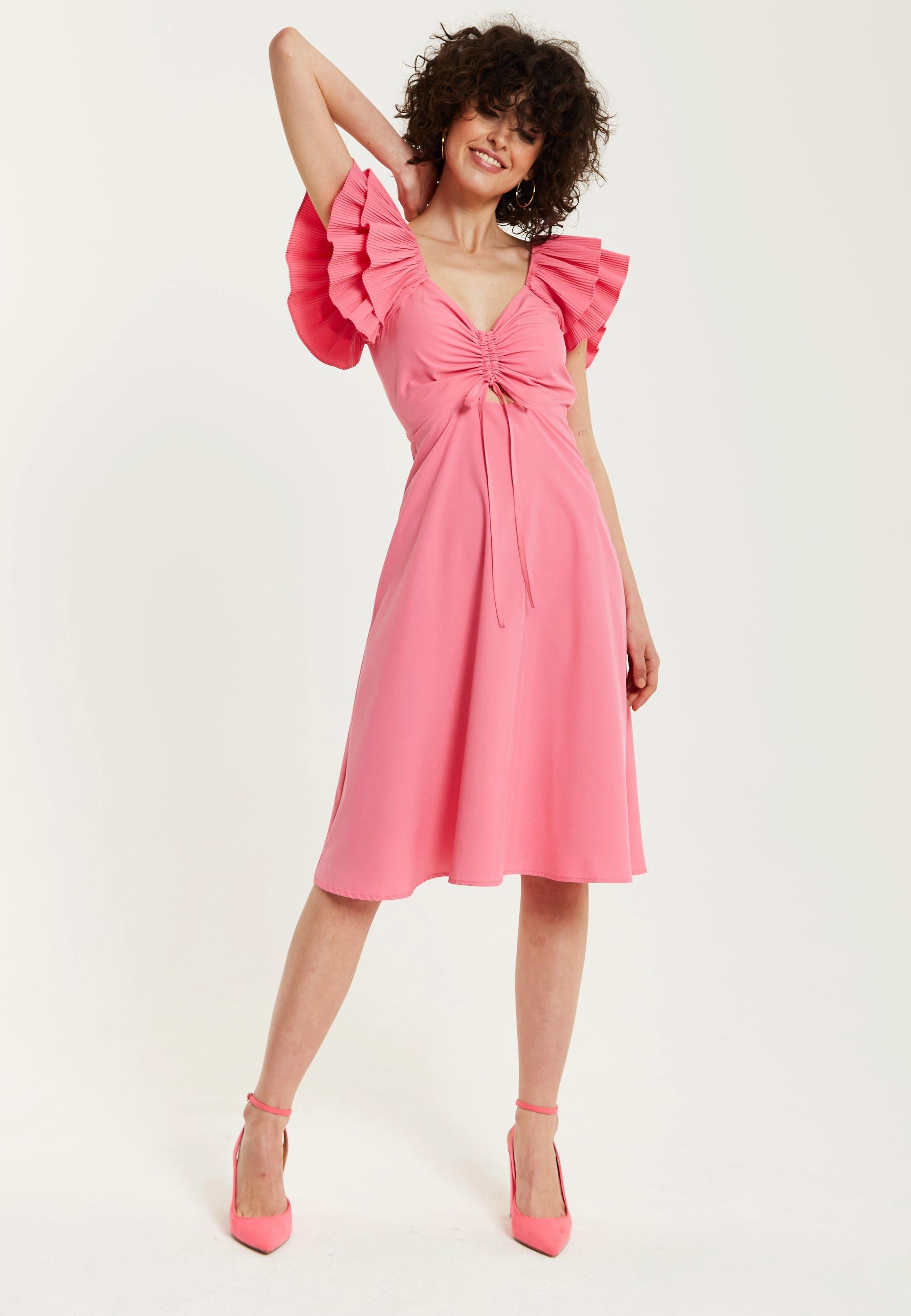 Frill Sleeves Midi Dress in Pink With Ruching Front
