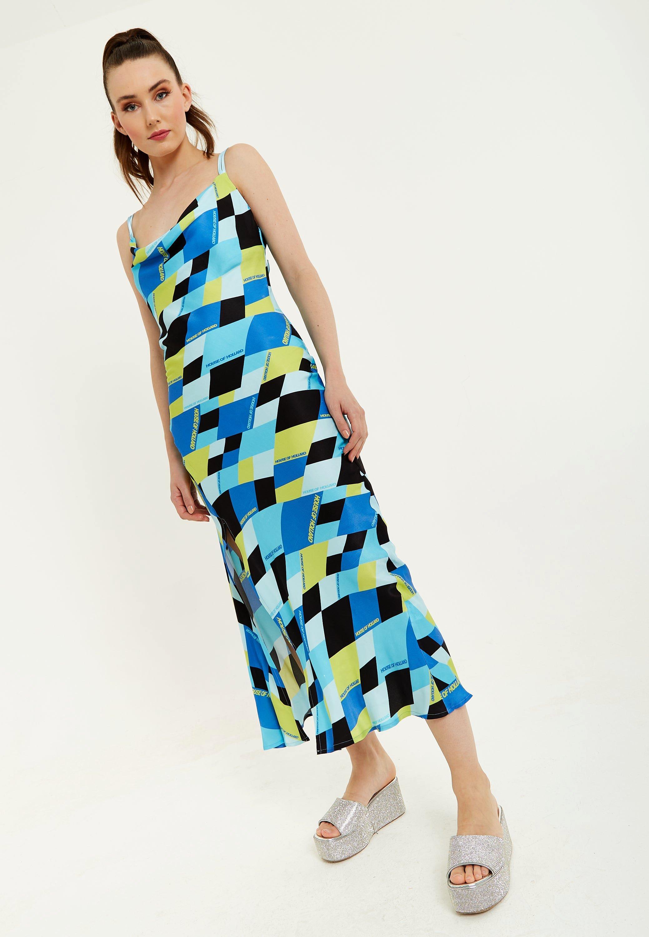 Blue And Black Printed Midi Dress With Cowl Neck