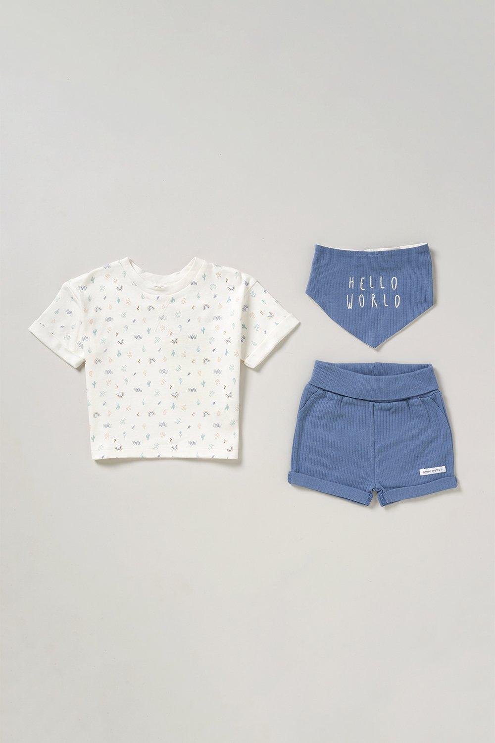 Hello World Print 3-Piece T-Shirt, Shorts and Reversible Bib Set