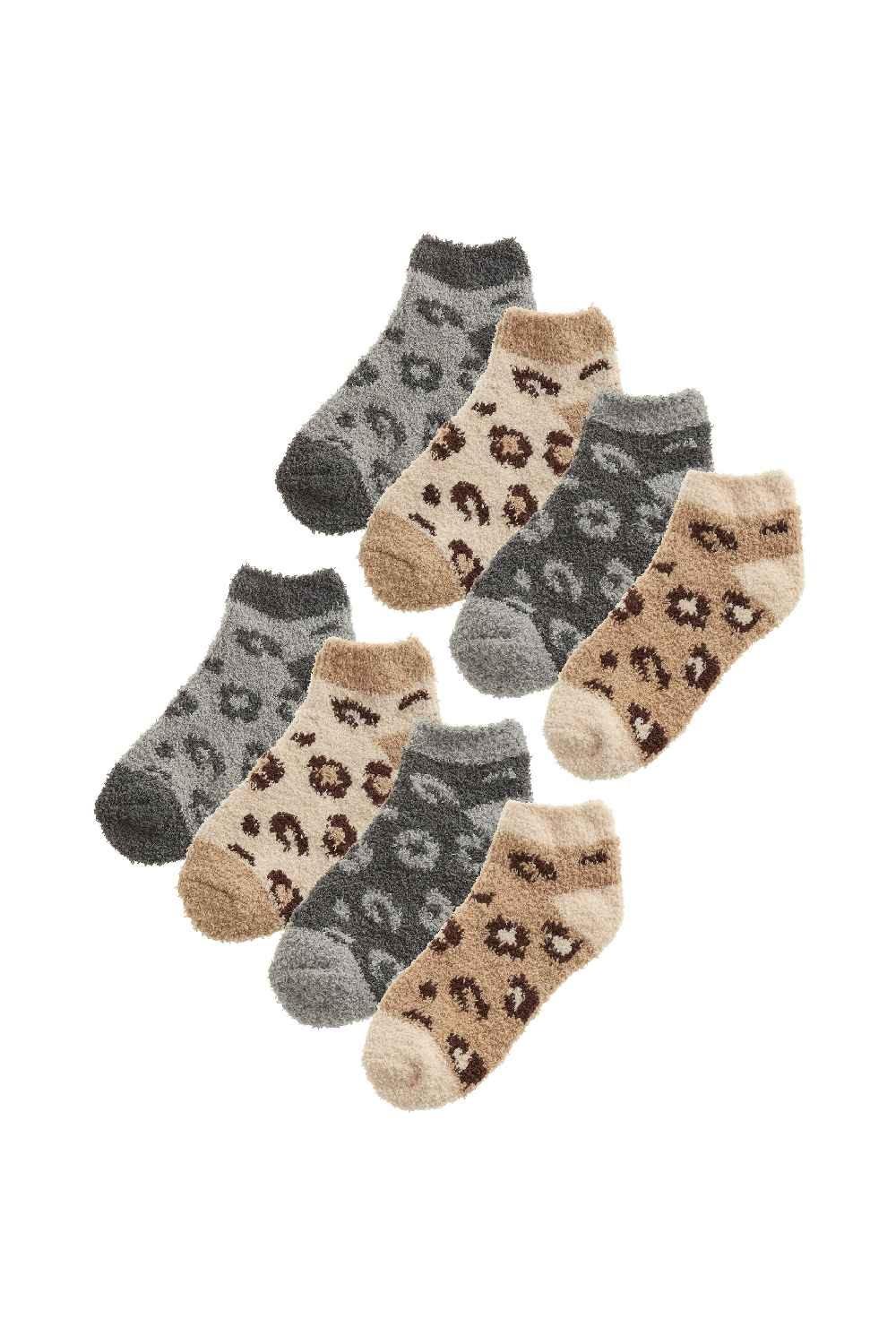 8 Pair Multipack Fluffy Ankle Socks - Novelty Animal Print Socks