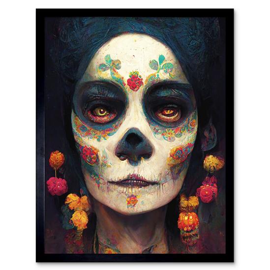 Artery8 Wall Art Print Day Of Dead Woman Skull Mexico Art Framed 1
