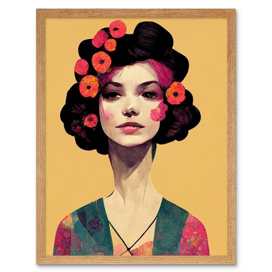 Artery8 Elegant Vintage Boho Portrait Floral Hair Woman Art Print Framed Poster Wall Decor 12x16 inch 1