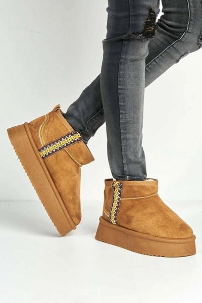 Mianee Embroidered Faux Fur Lining Chunky Sole Ankle Boots