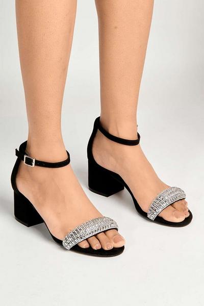 Ashley Low Block Heel Diamante Faux Suede Sandals