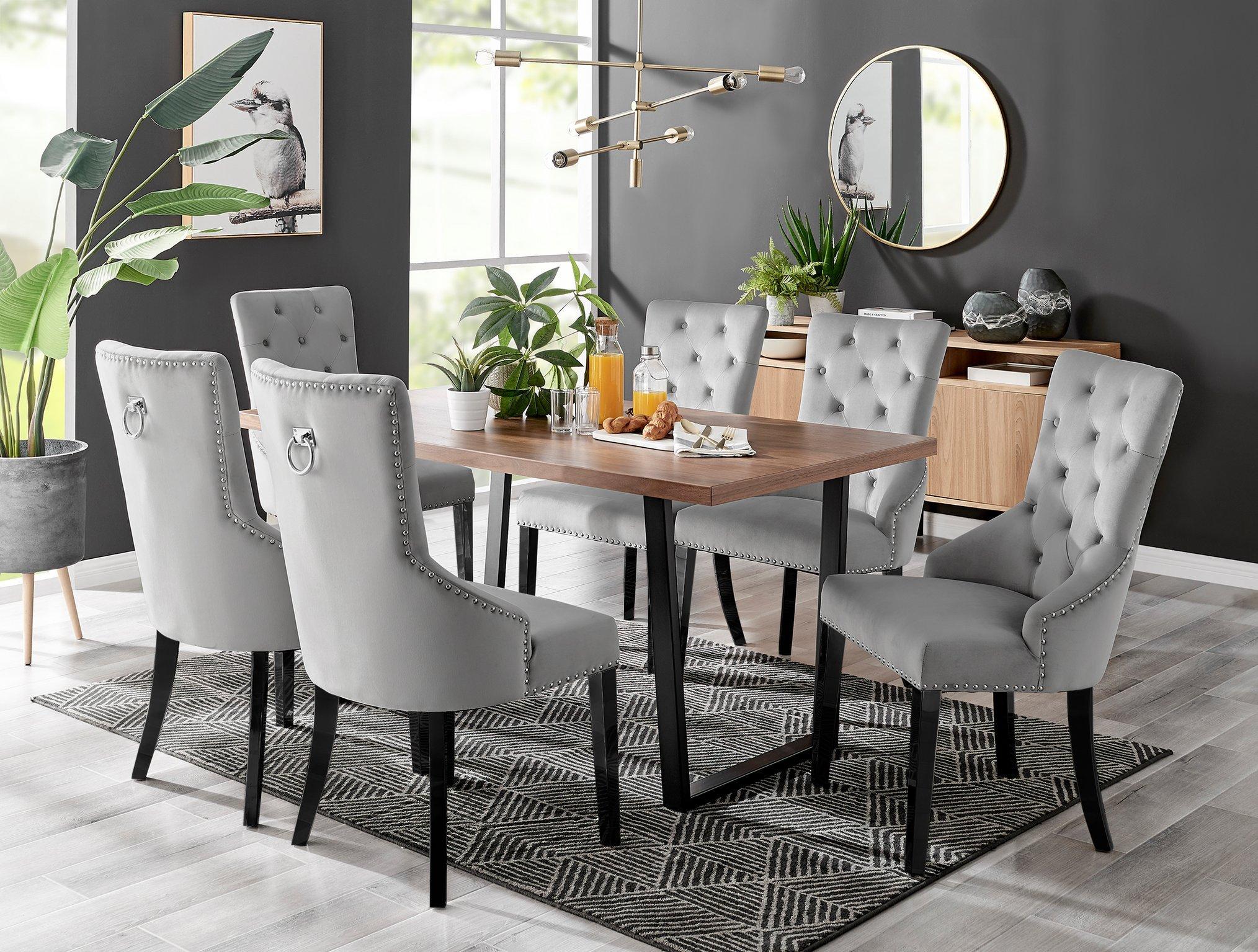 Kylo Large Brown Wood Effect Dining Table & 6 Belgravia Black Leg Velvet Chairs