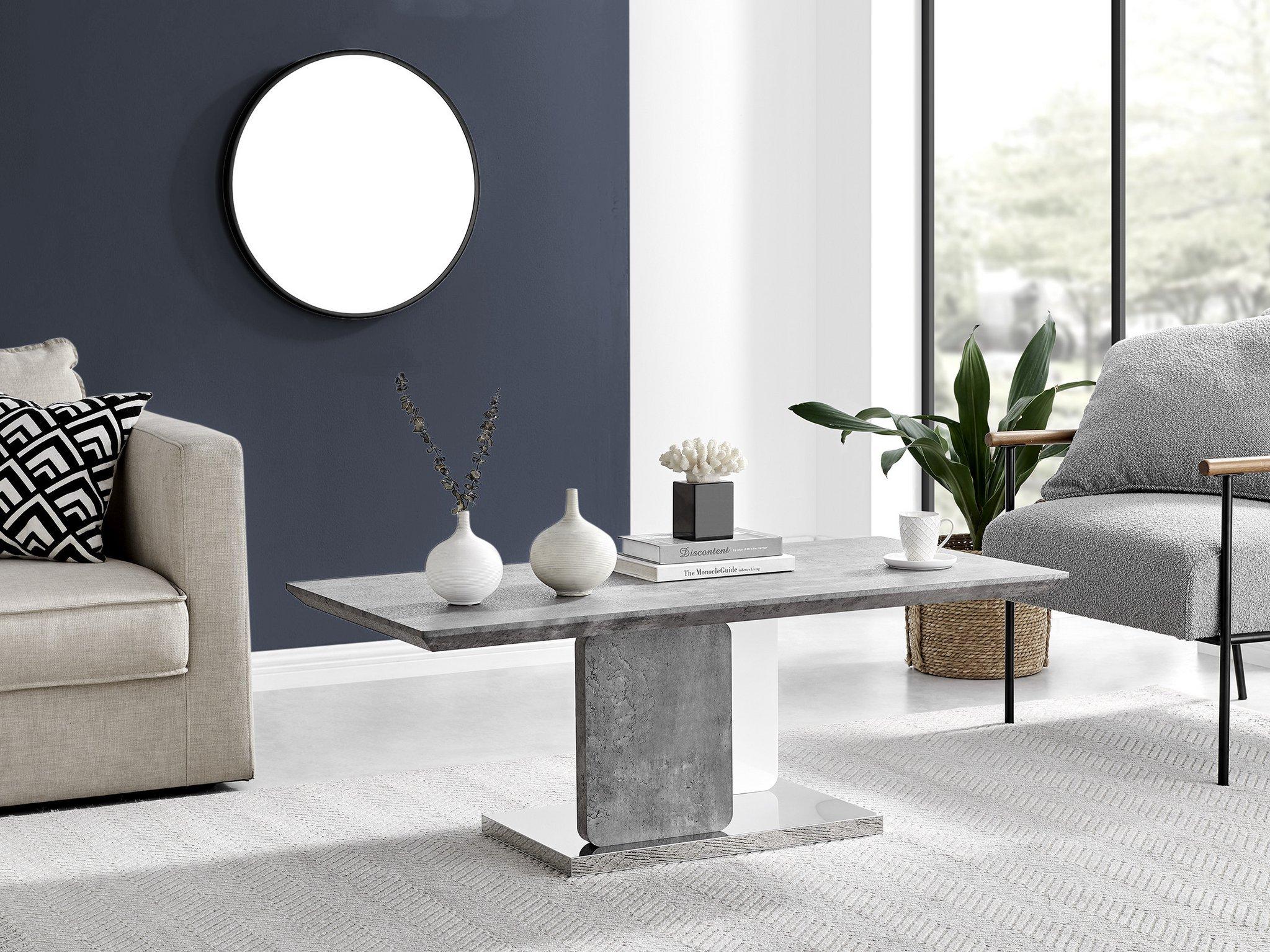 Alba Stone Effect White Gloss & Chrome Coffee Table - Minimalist Modern Design - Grey White & Silver