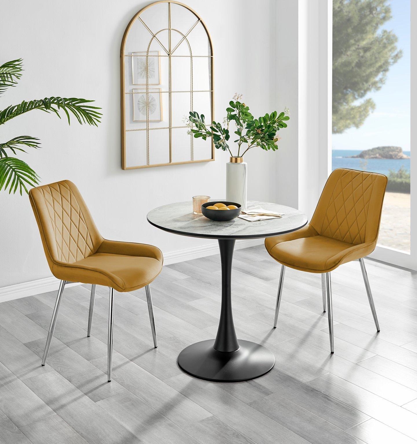 Elina White Marble Effect Scratch Resistant Dining Table & 2 Pesaro Silver Leg Velvet Chairs