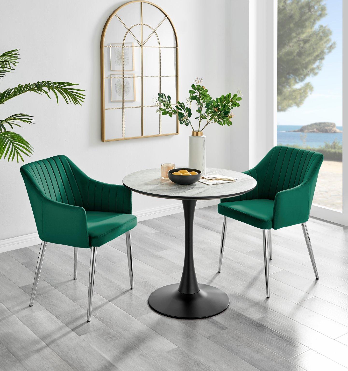 Elina White Marble Effect Scratch Resistant Dining Table & 2 Calla Velvet Silver Leg Chairs