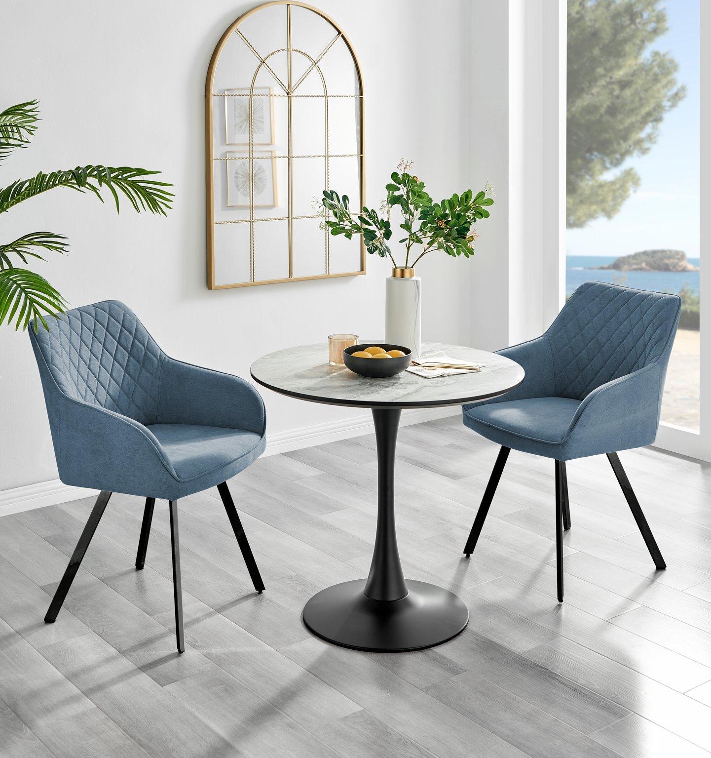 Elina White Marble Effect Scratch Resistant Dining Table & 2 Falun Black Leg Fabric Chairs