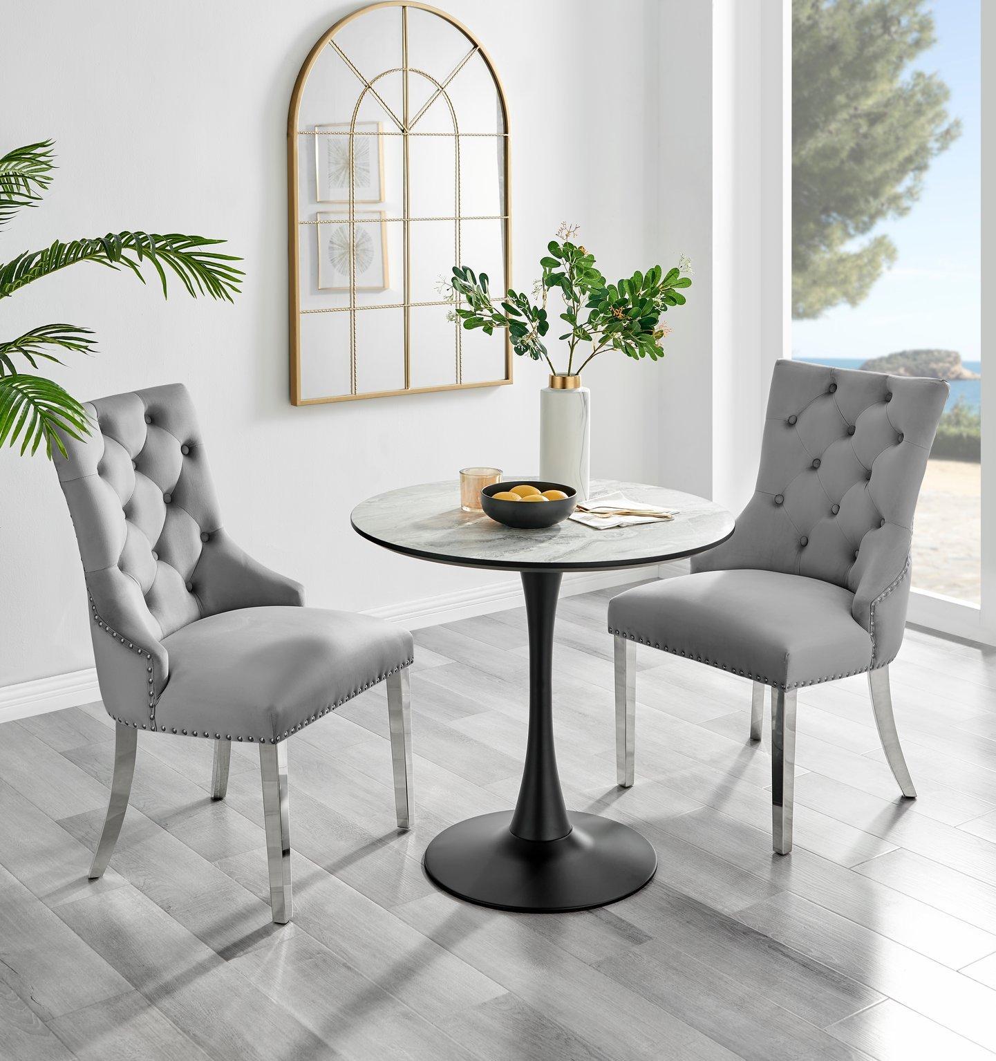 Elina White Marble Effect Scratch Resistant Dining Table & 2 Grey Belgravia Velvet Chairs