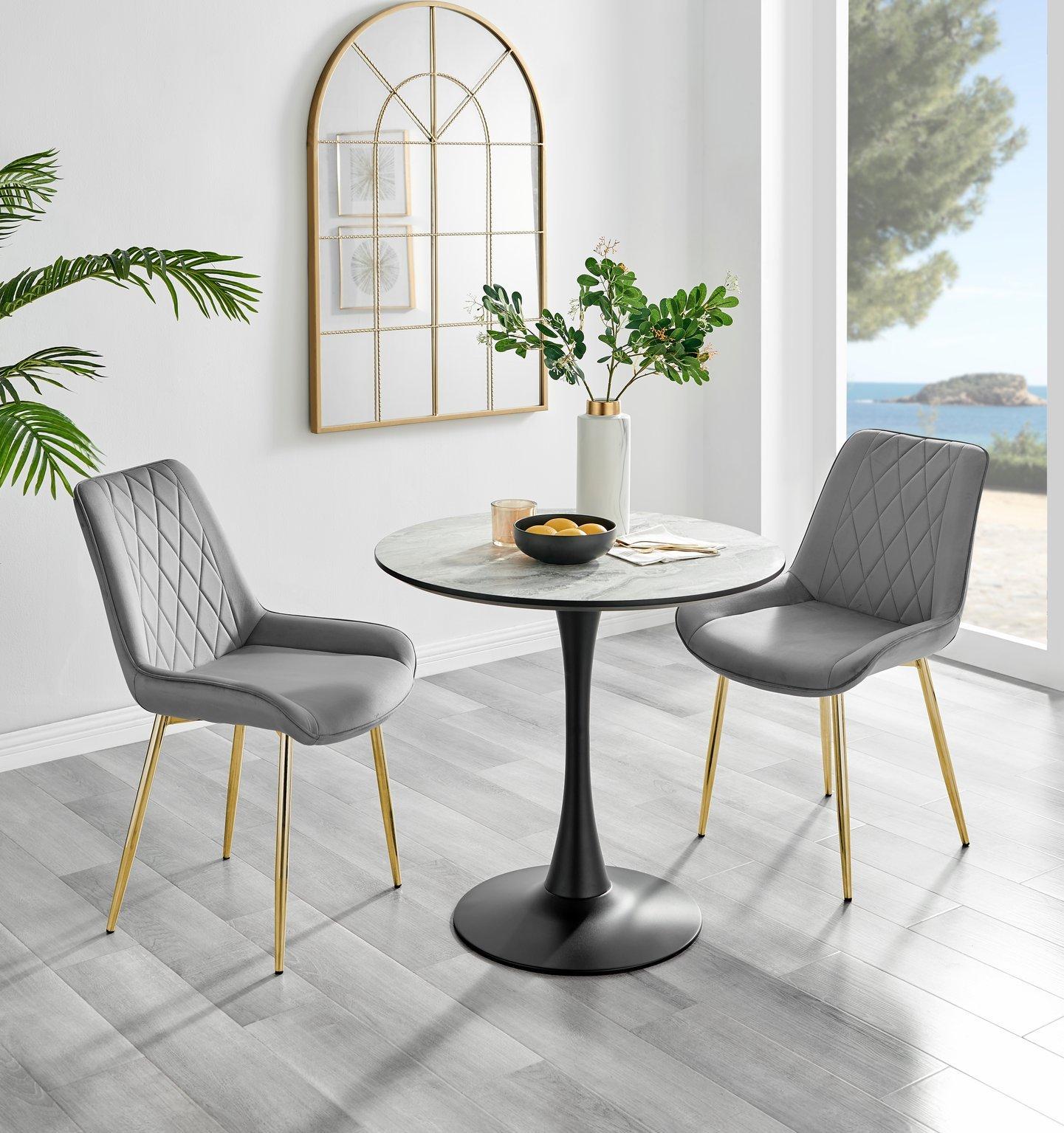 Elina White Marble Effect Scratch Resistant Dining Table & 2 Pesaro Gold Leg Velvet Chairs