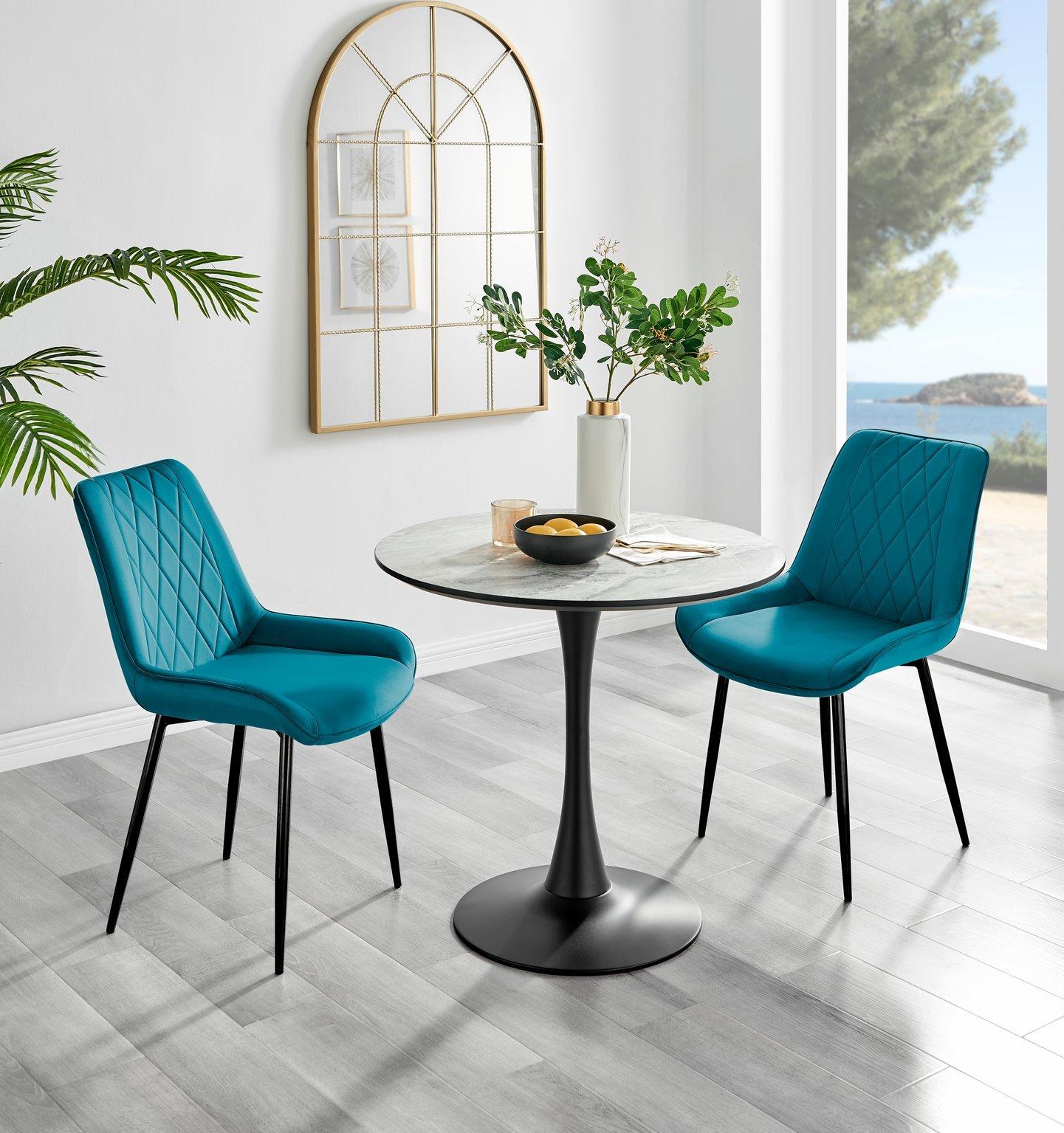 Elina White Marble Effect Scratch Resistant Dining Table & 2 Pesaro Black Leg Velvet Chairs