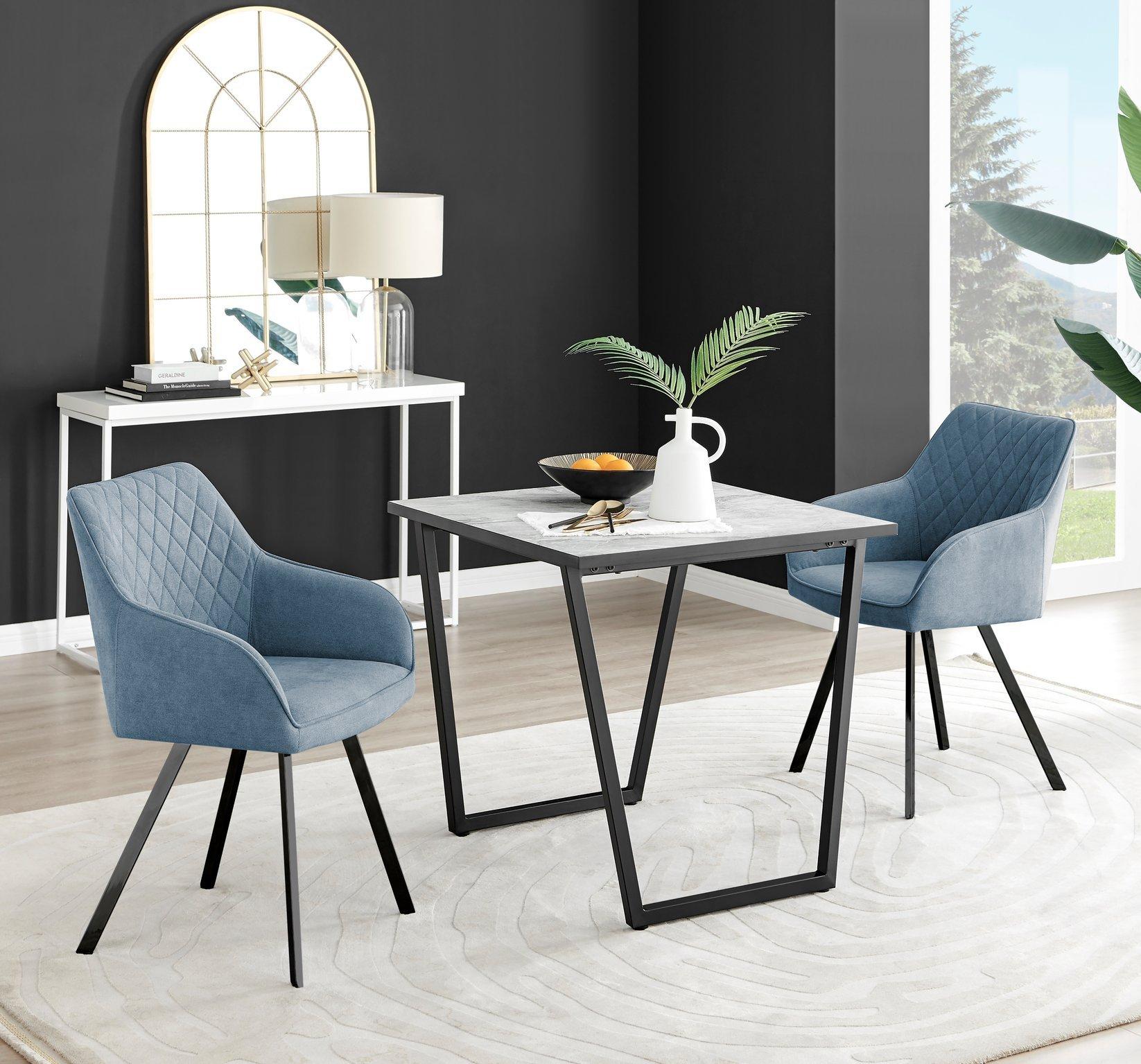 Carson White Marble Effect Square Dining Table & 2 Fabric Falun Black Leg Chairs