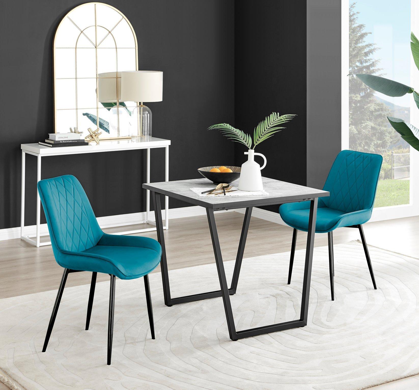 Carson White Marble Effect Square Dining Table & 2 Velvet Pesaro Black Leg Chairs