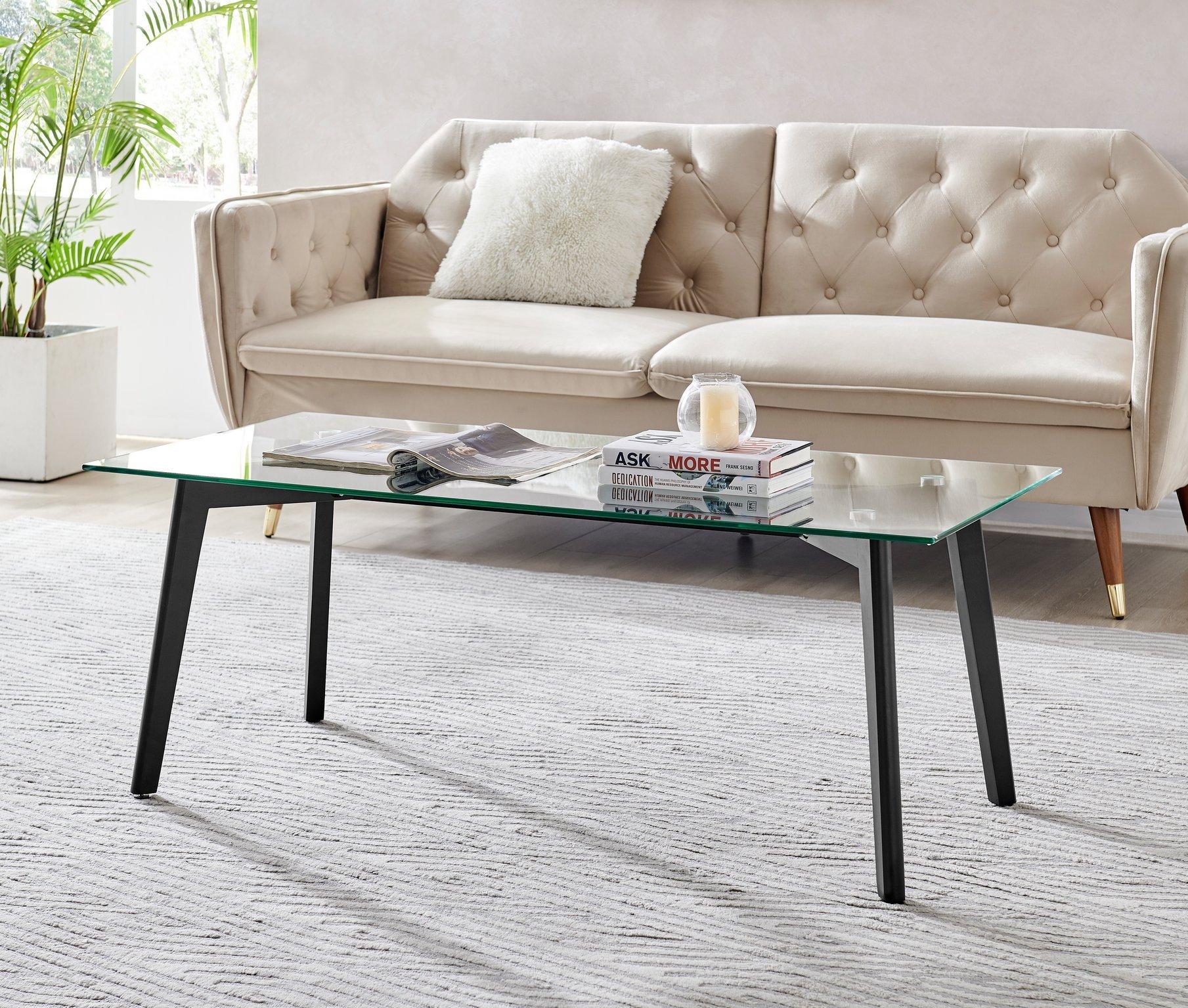 Malmo Beech Wood Scandi Inspired Coffee Table With Rectangular Tempered Glass Top and Wooden Legs