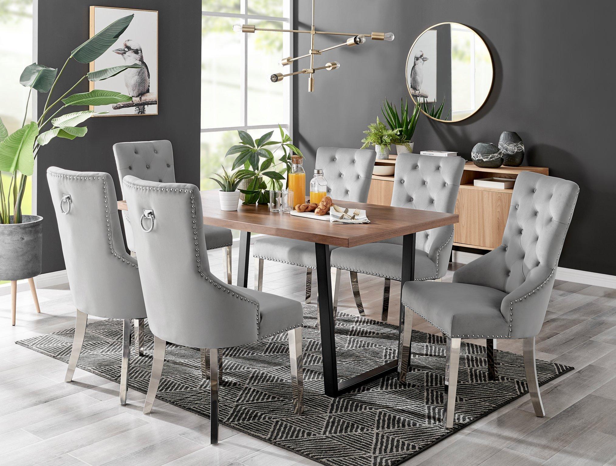 Kylo Large Brown Wood Effect Dining Table & 6 Grey Belgravia Veltvet Chairs