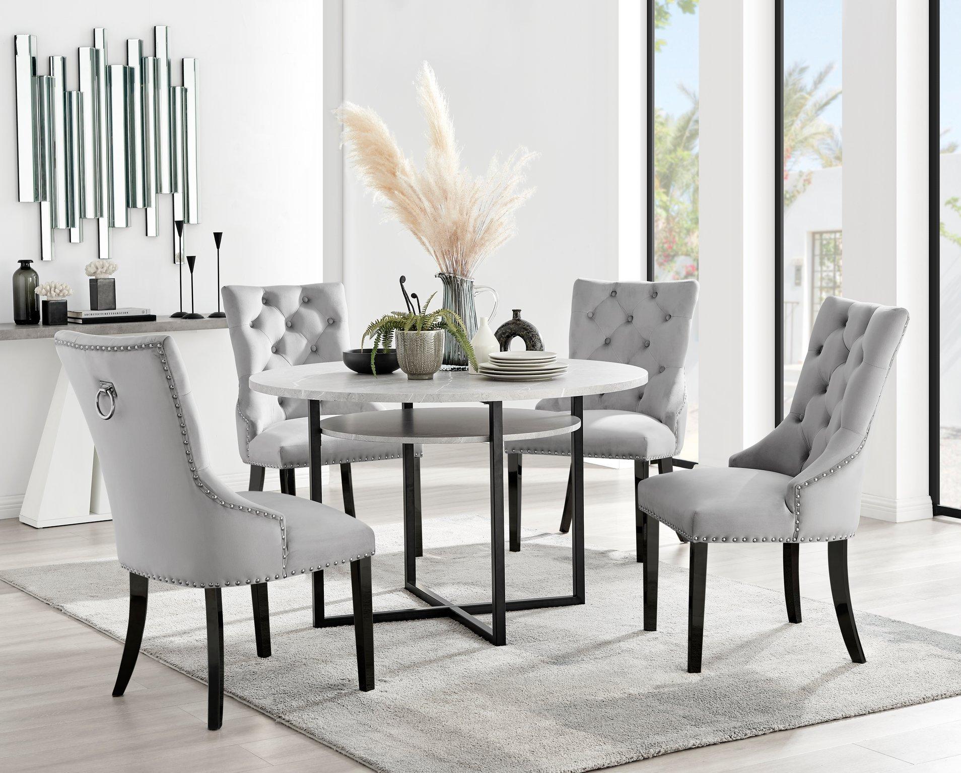 Adley Grey Concrete Effect Round Dining Table & 4 Belgravia Velvet Black Leg Chairs