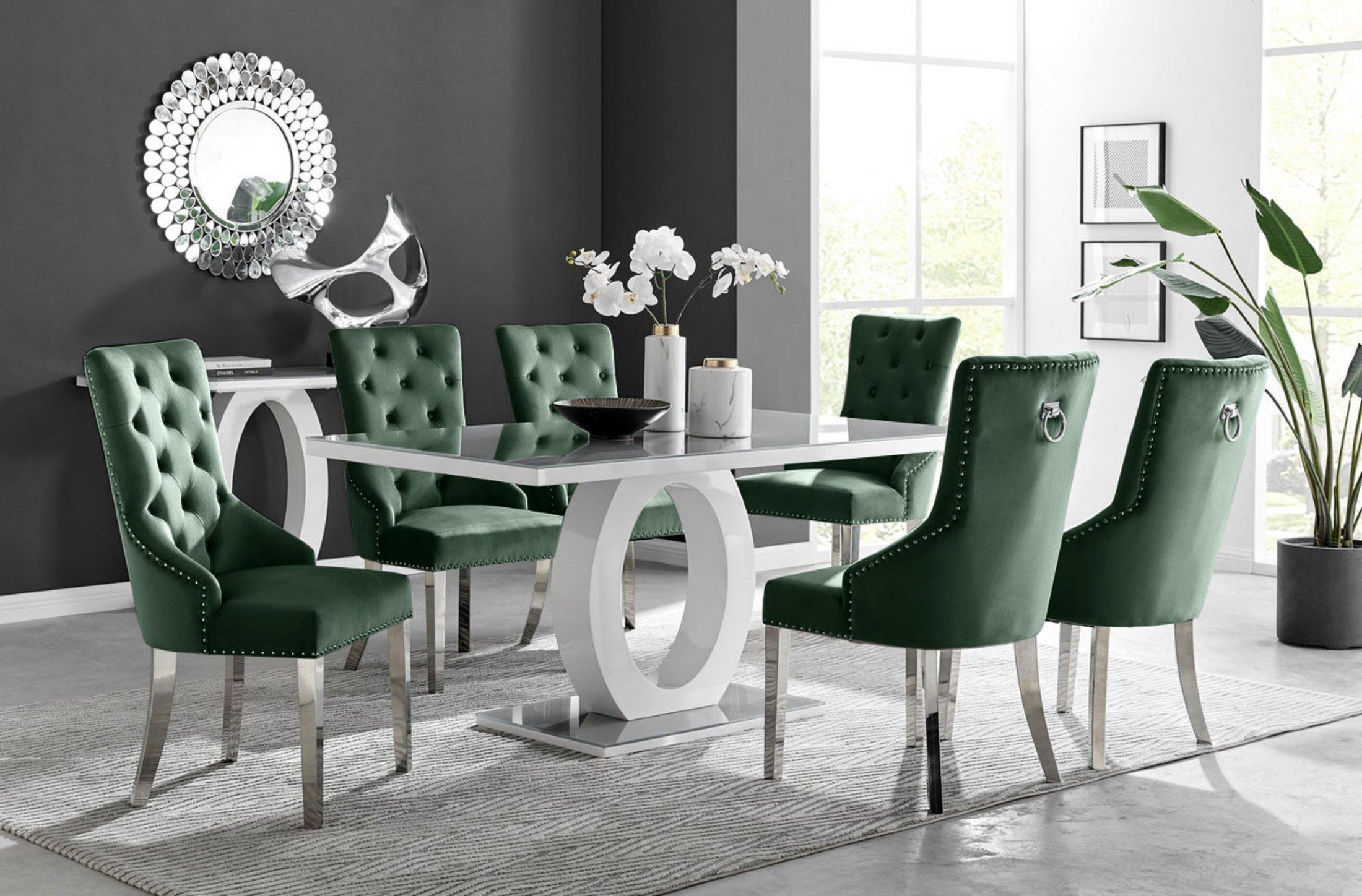 Giovani 6-Seater Grey Glass Dining Table and 6 Belgravia Velvet Dining Chairs