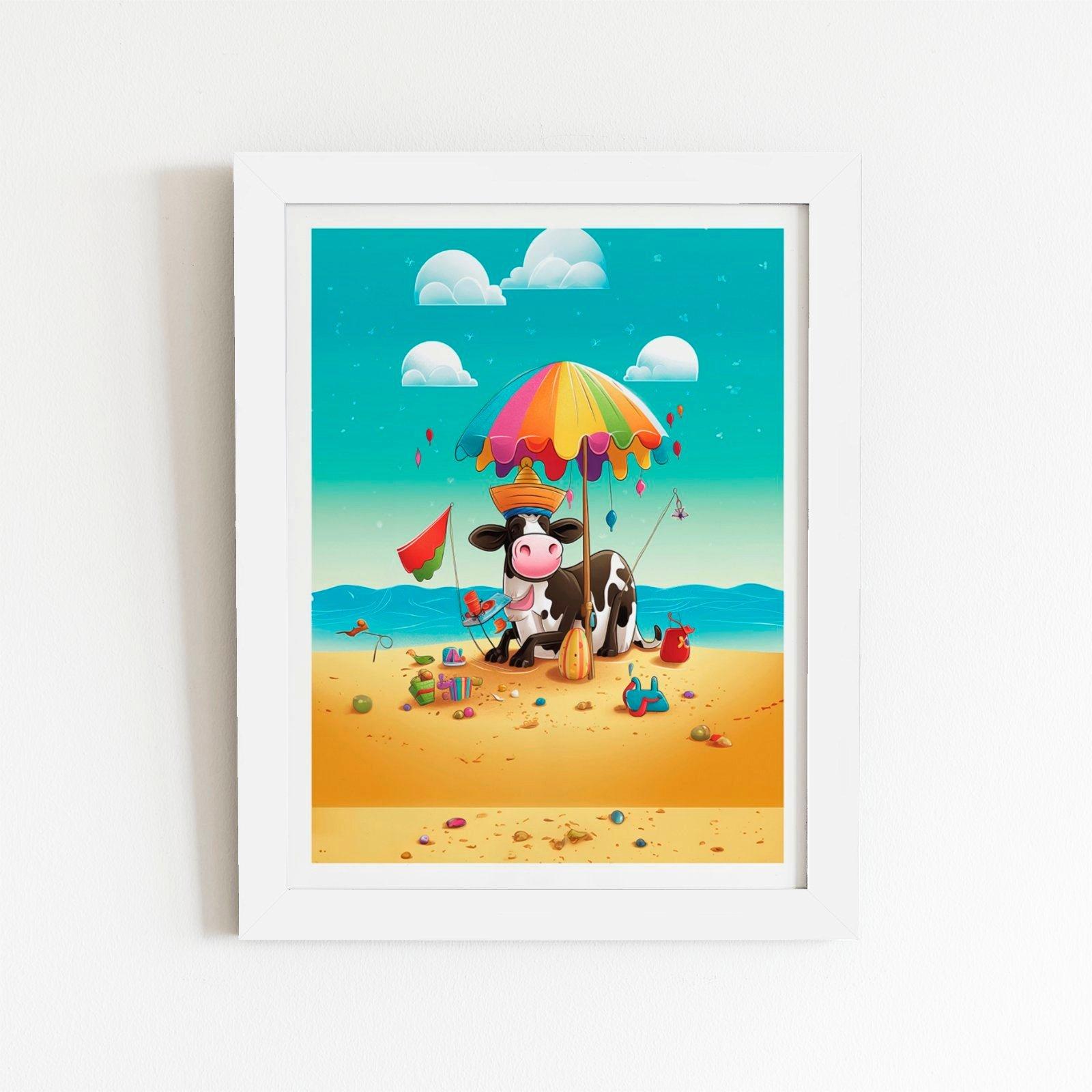 Cow On A Beach Holiday Framed Art Print
