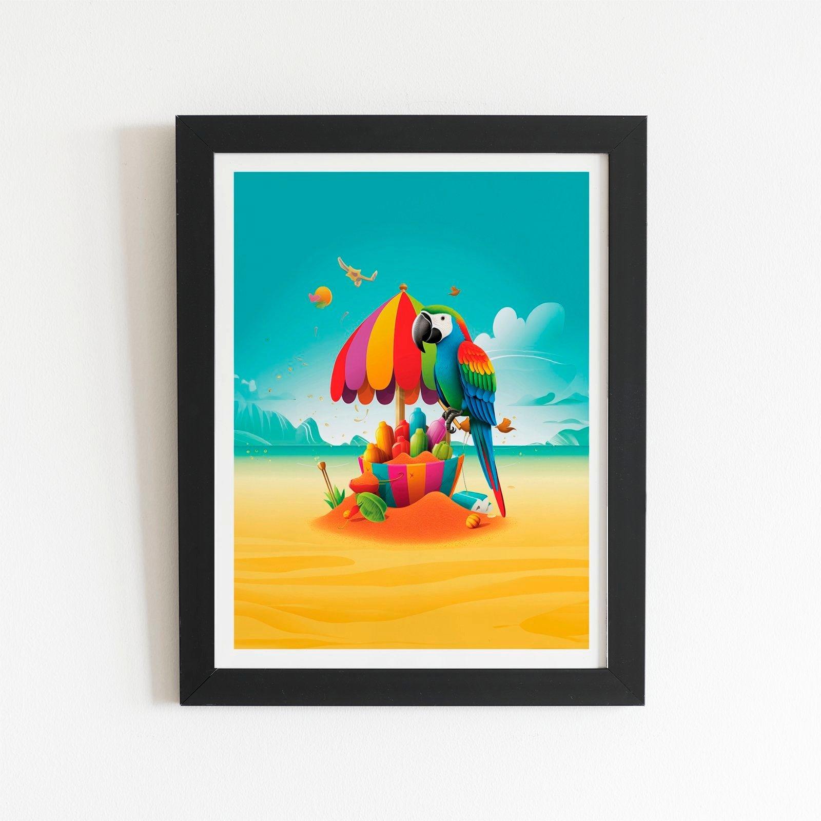 Parrot On A Beach Holiday Framed Art Print